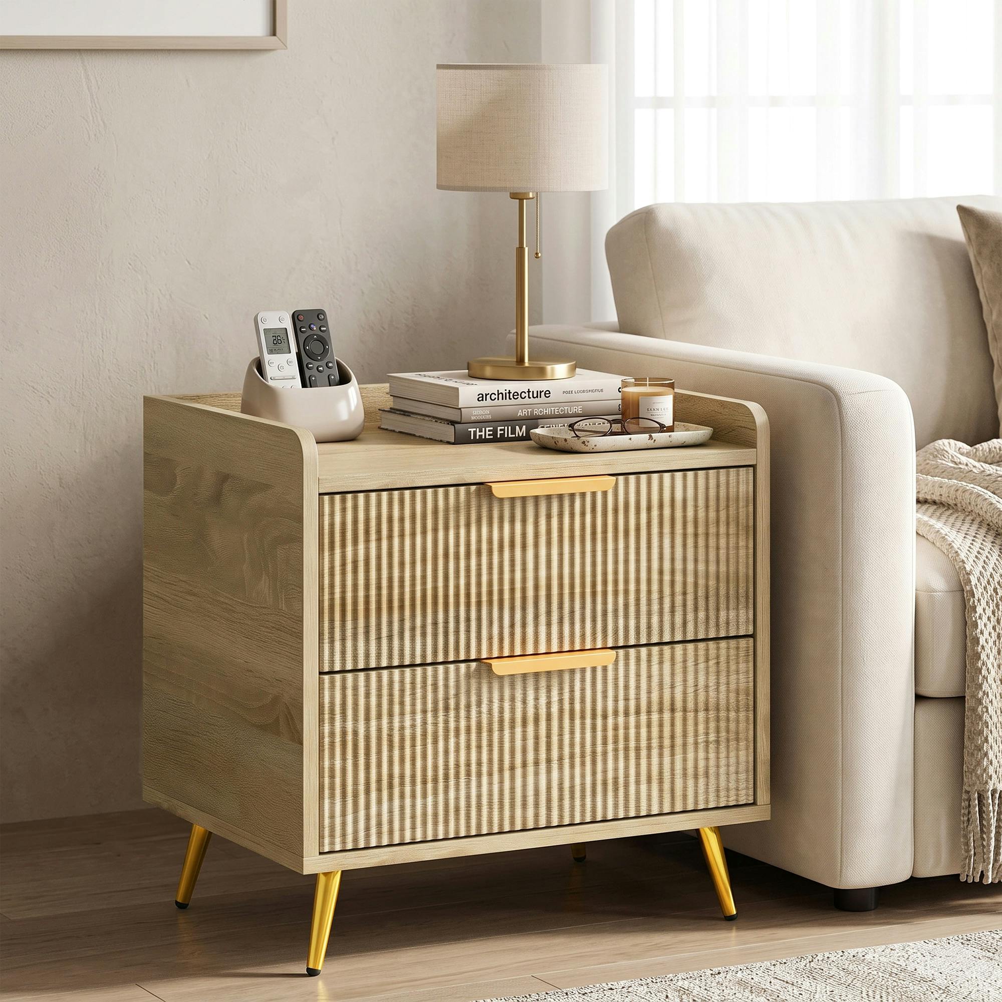 Rackhams Gold/Light Bedside Table With 2 Drawers, Natural Wood Finish