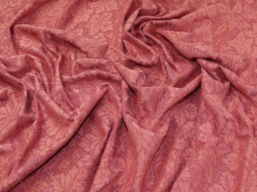 Minerva Mauve Core Range Deadstock Glitter Satin Lace Fabric - Flowers Design Dressmaking Fabric, 142 Cm / 56" Wide - Per Metre - Rose