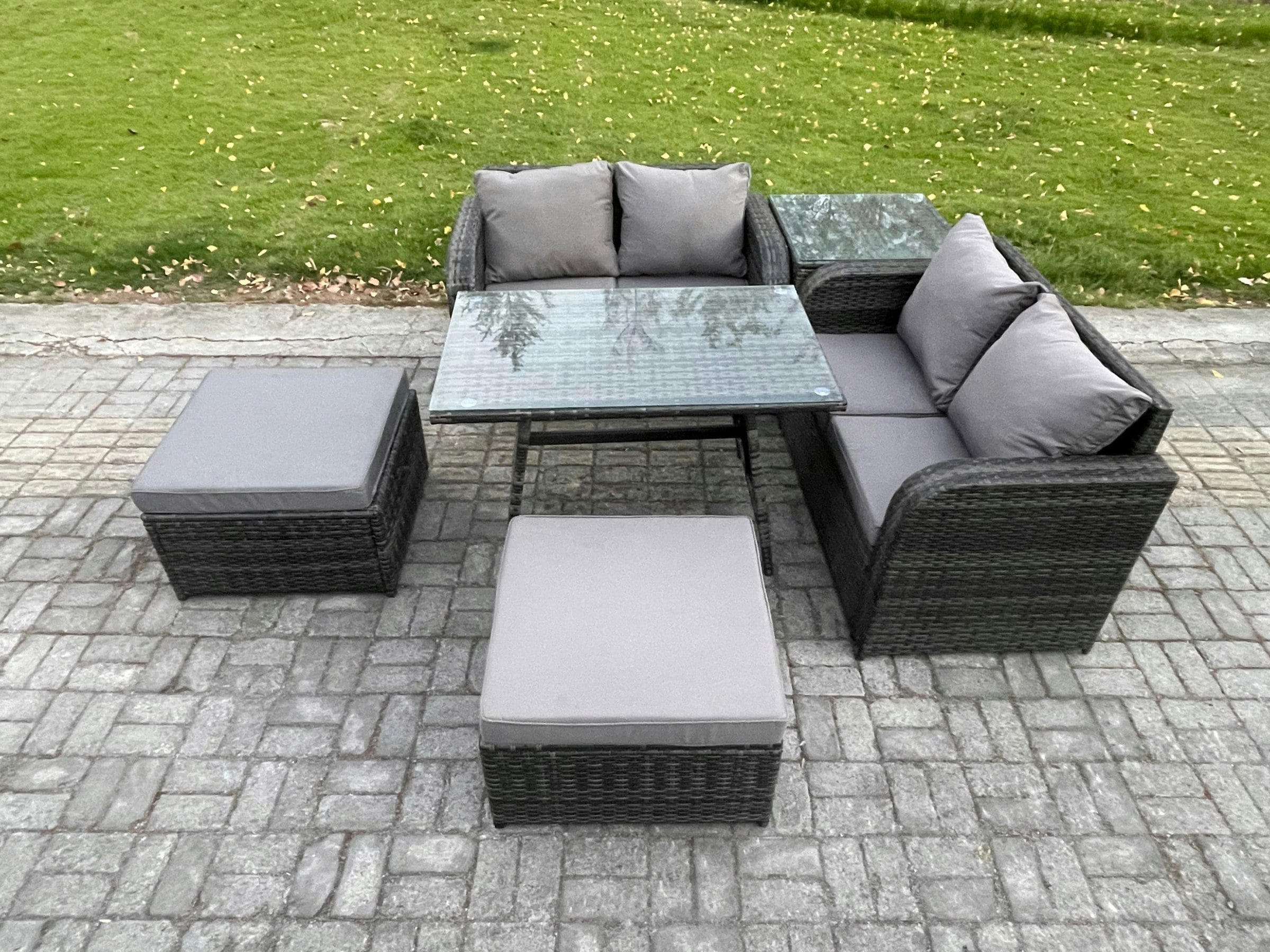 Rackhams Dark/Grey Garden Furniture Sets 6 Seater Rattan Furniture Manual Wicker Patio Sofa Patio Conversation Set With 2 Big Footstool Side Table Mixed