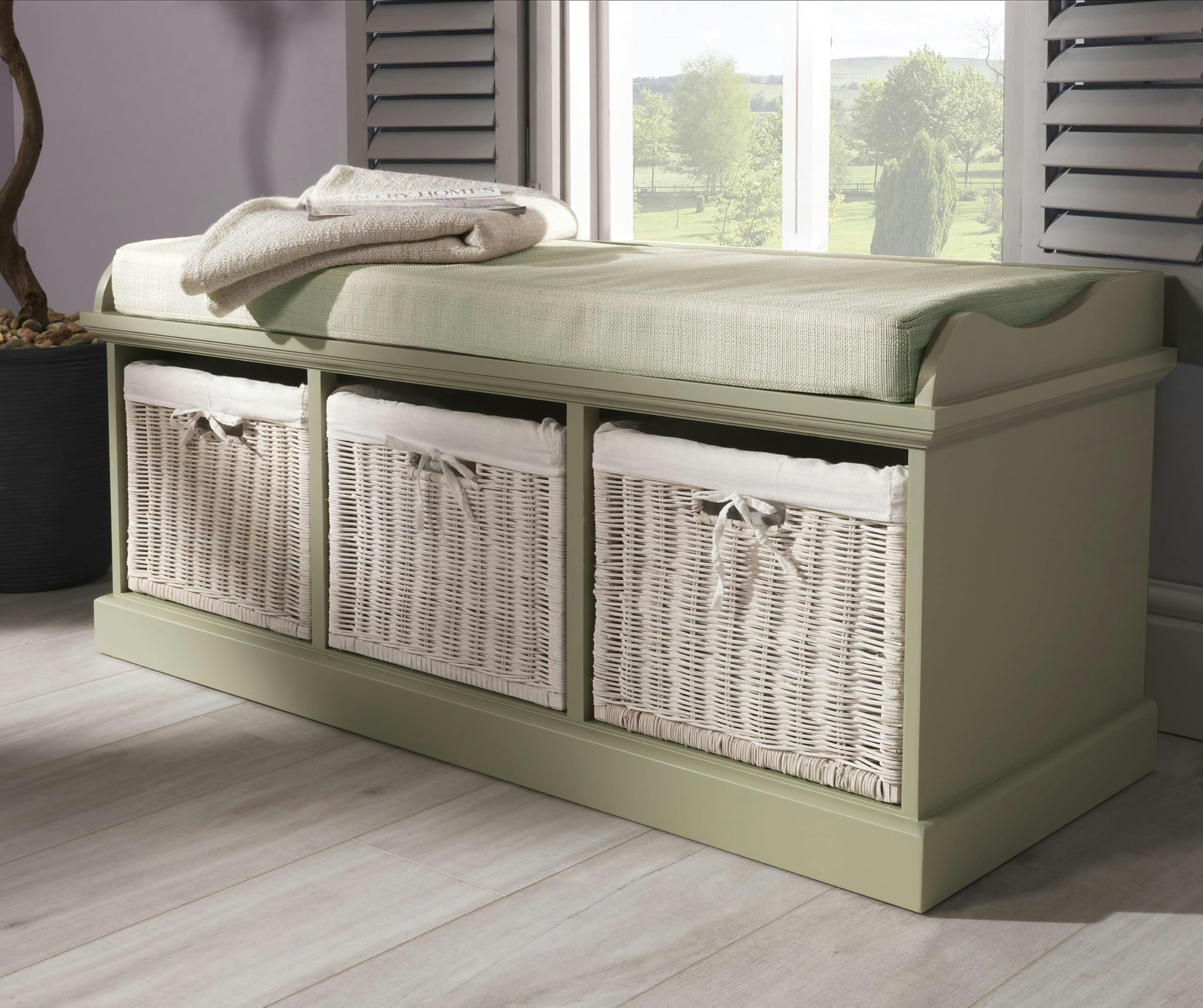 Rackhams White/Green Tetbury Bench With 3 Wicker Baskets And Cushion, Assembled Hallway Storage - Sage