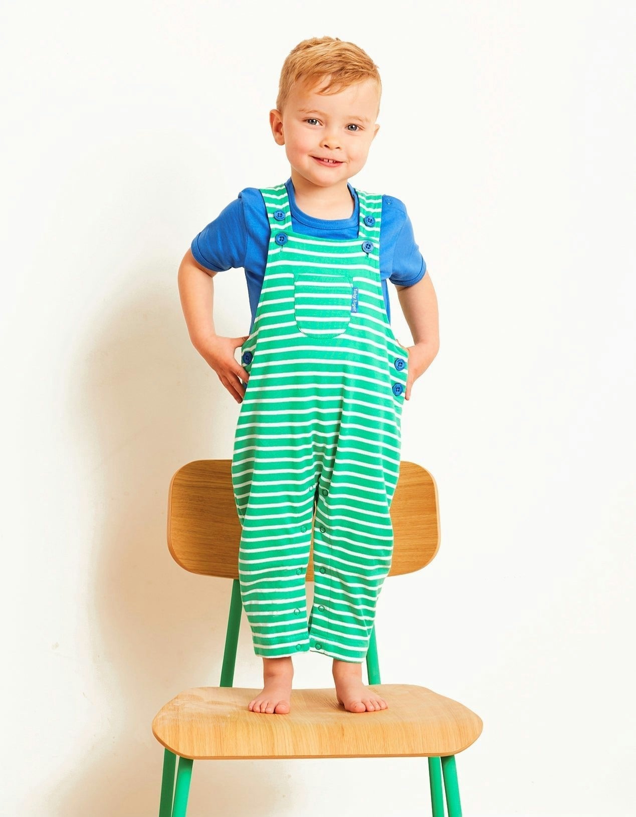 Toby Tiger Green Organic Breton Stripe Dungarees - 18-24M / 92Cm