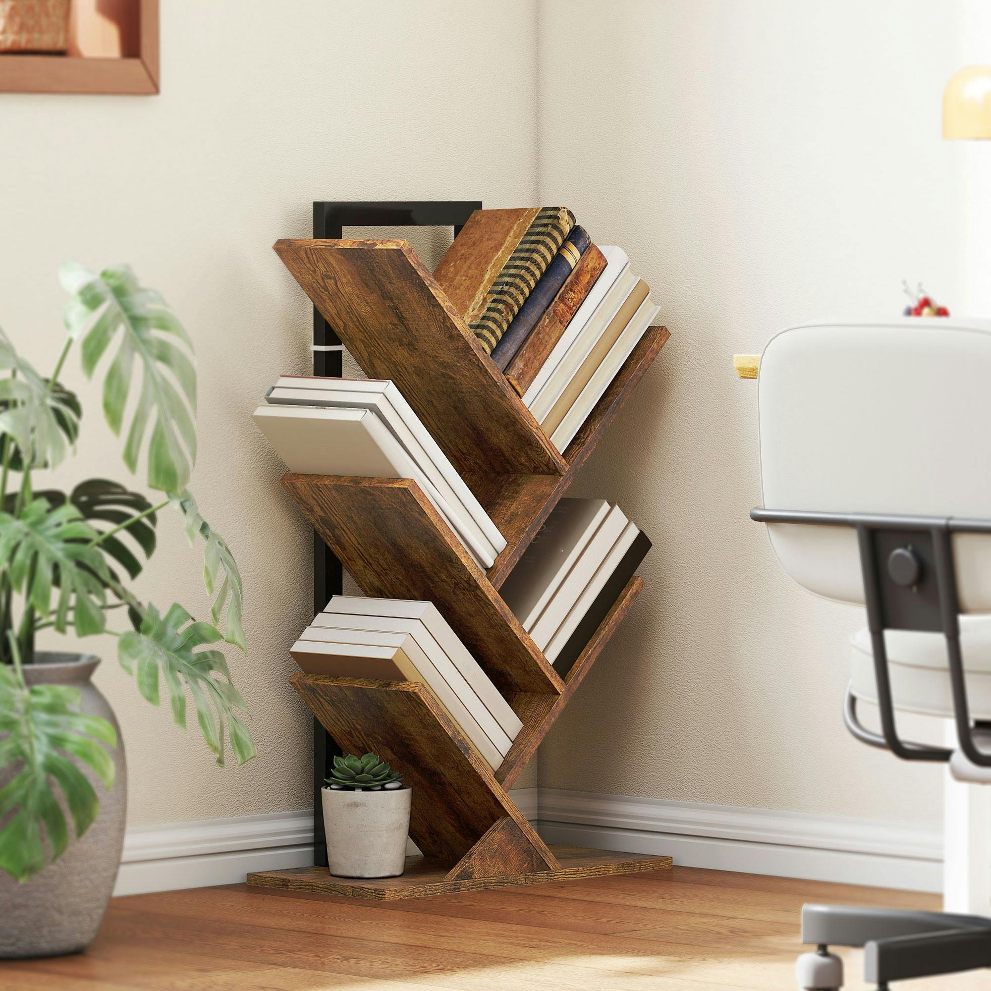 Rackhams Brown/Black 5-Tier Tree Bookshelf With Steel Frame For Living Room, Rustic - 50W X 24D X 82H Cm - Rustic