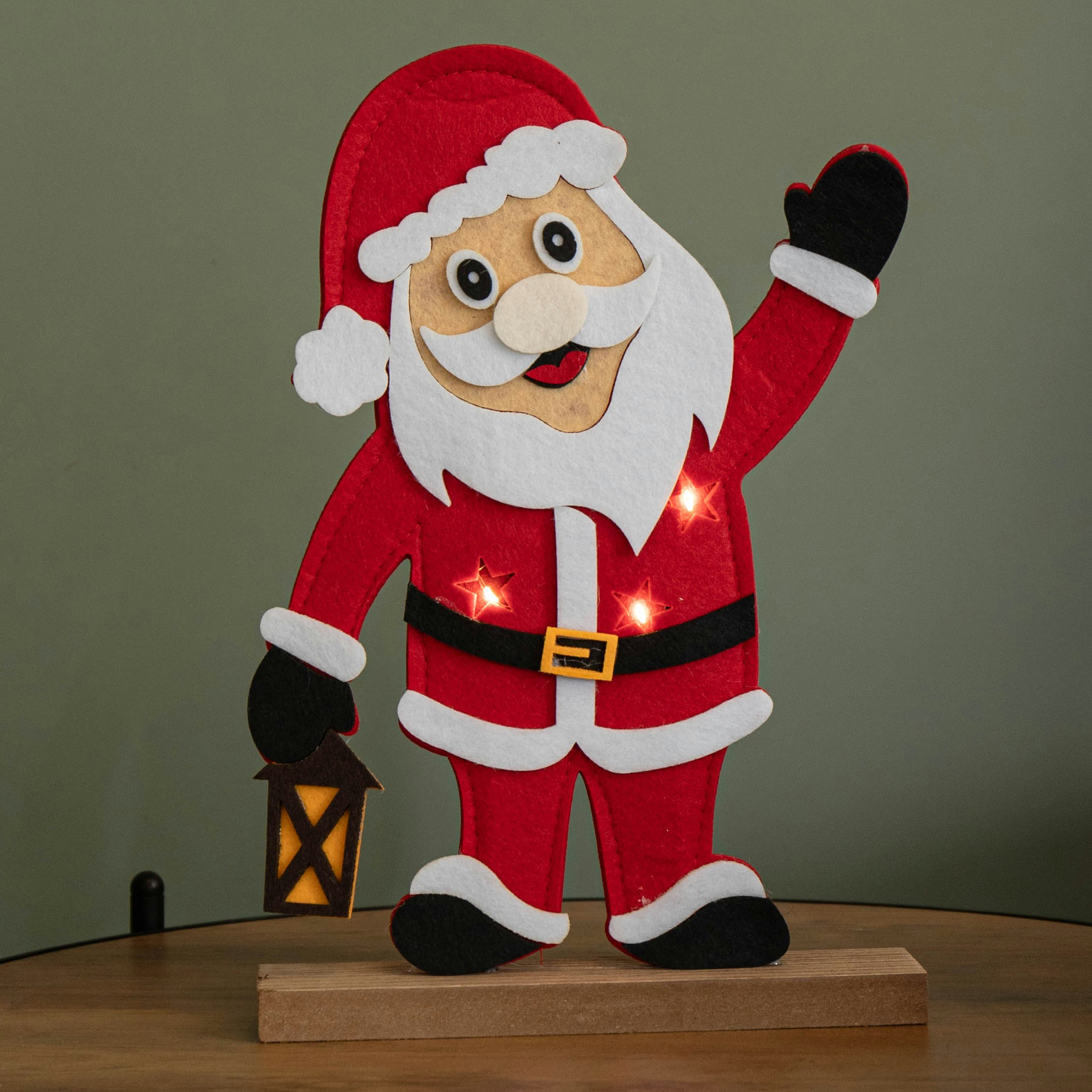 Rackhams Light/White Battery Operated Up Felt Waving Santa With Warm Leds 30Cm