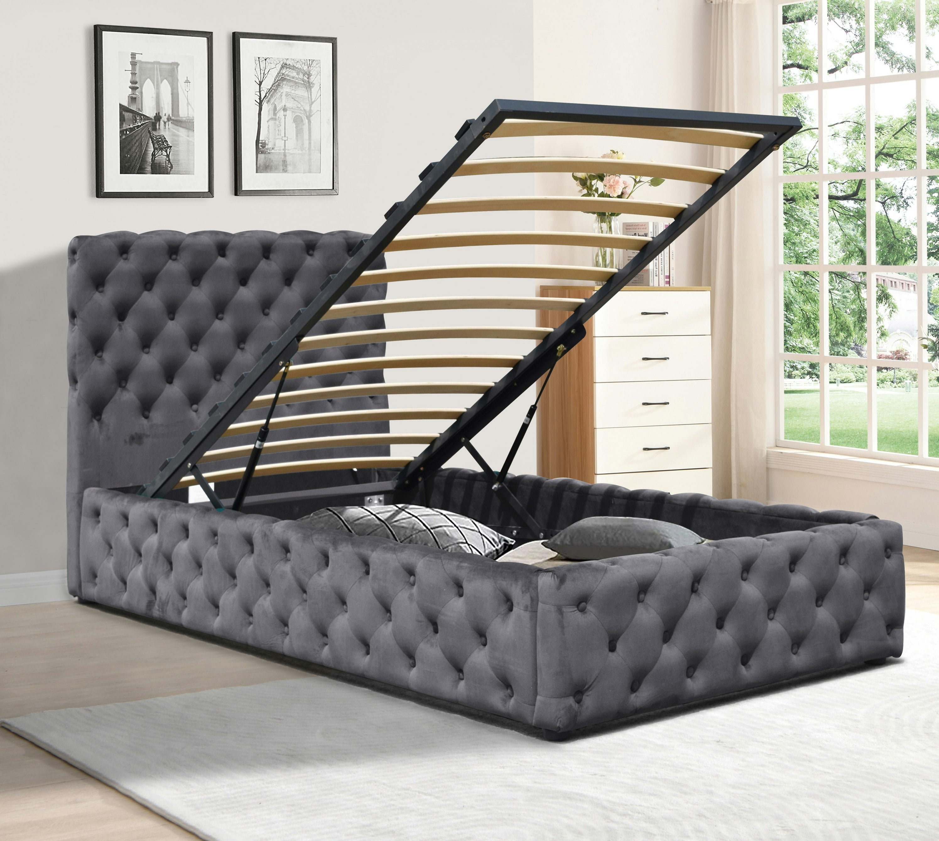 Rackhams Grey/Green Tufted Fabric Gas Lift Ottoman Bed Frame, 3Ft, 4Ft6, Or 5Ft Bedroom - Single