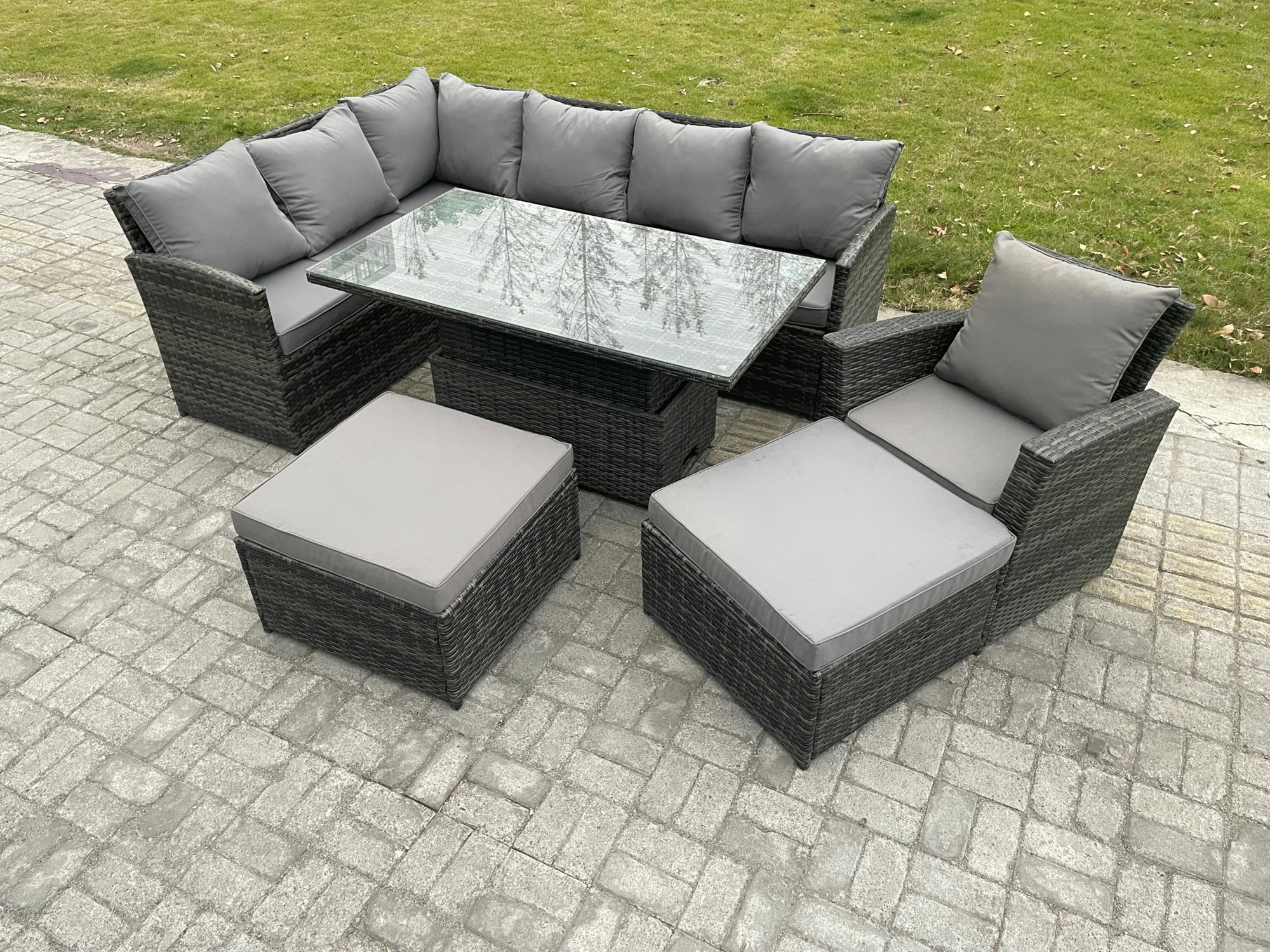 Fimous Dark/Grey Mixed Pe Rattan Outdoor Dining Set - Height Adjustable Lifting Table, Big Footstool & Armchair