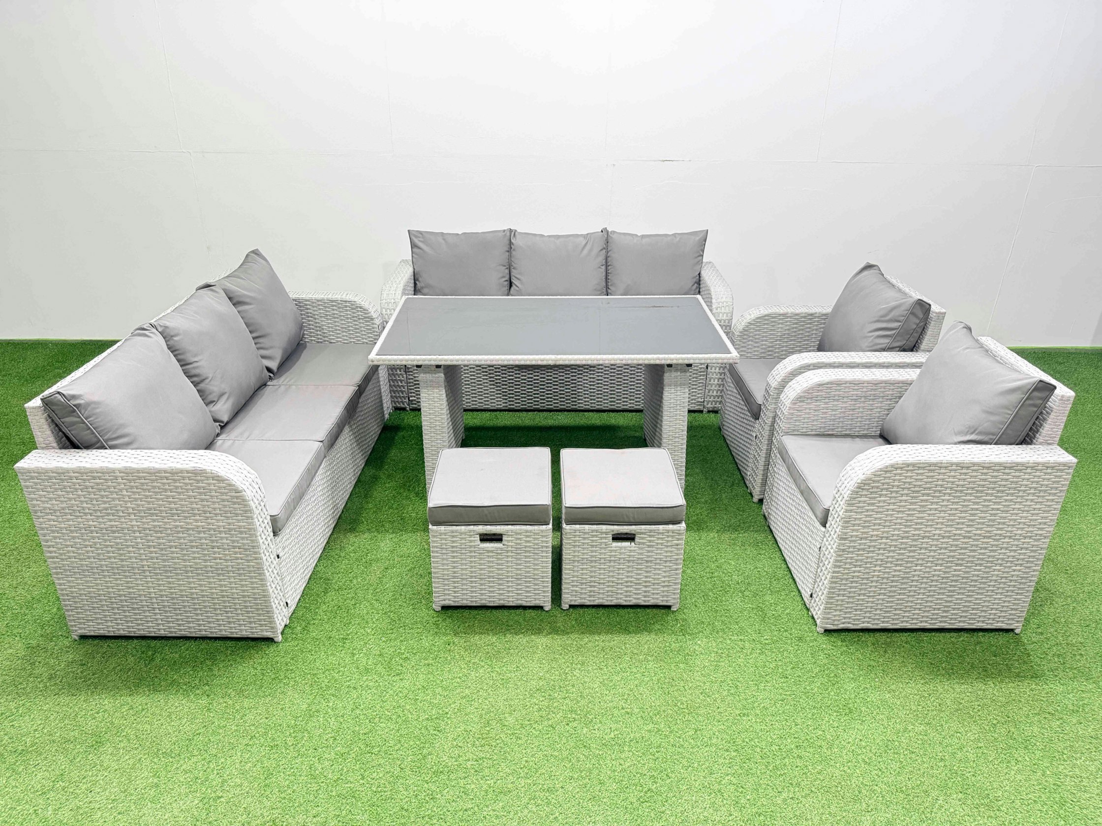 Fimous Light/Grey 10 Seater Wicker Pe Rattan Furniture Outdoor Dining Table 3 Seater Sofa Reclining Chair Set With 2 Small Stools