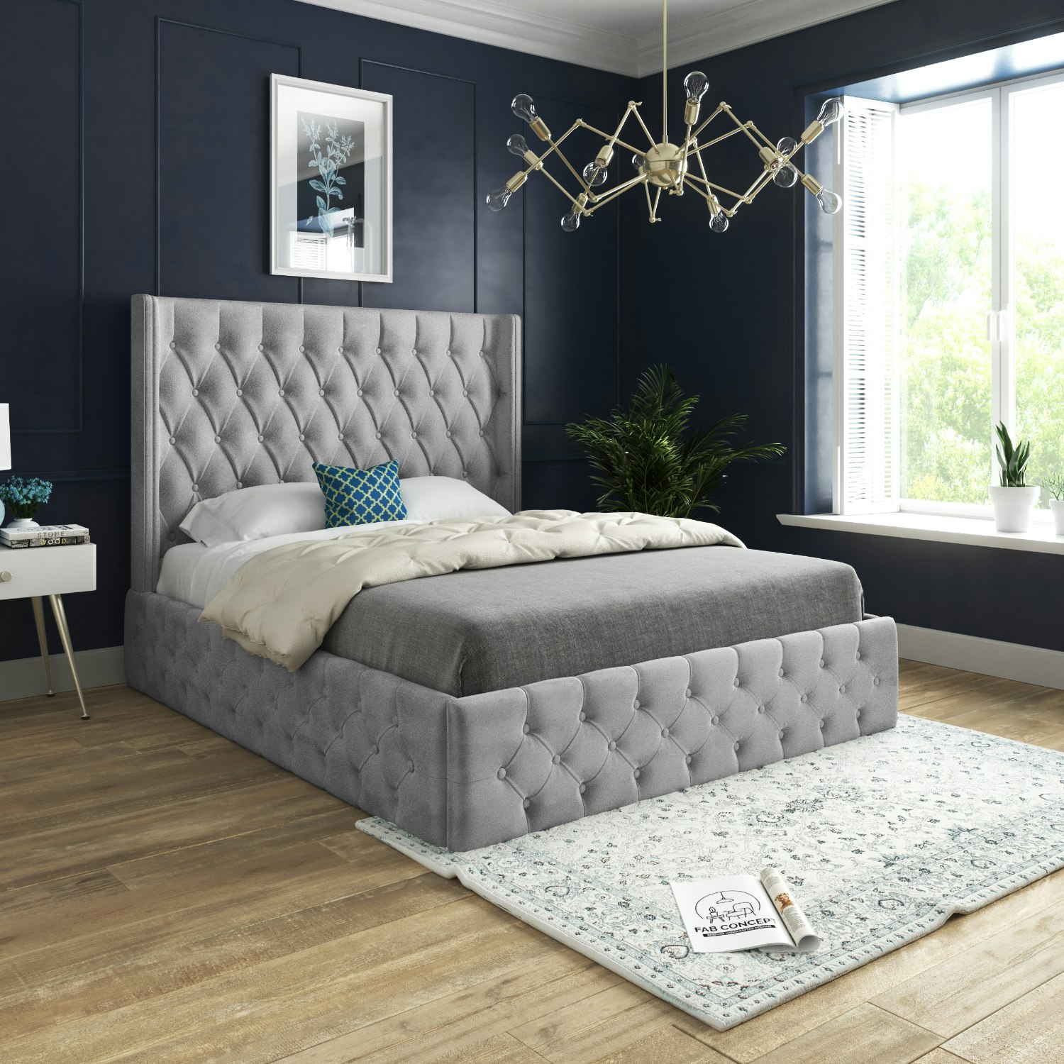 Rackhams Grey Turin Straight Winged Upholstered Soft Velvet Bed Frame - King