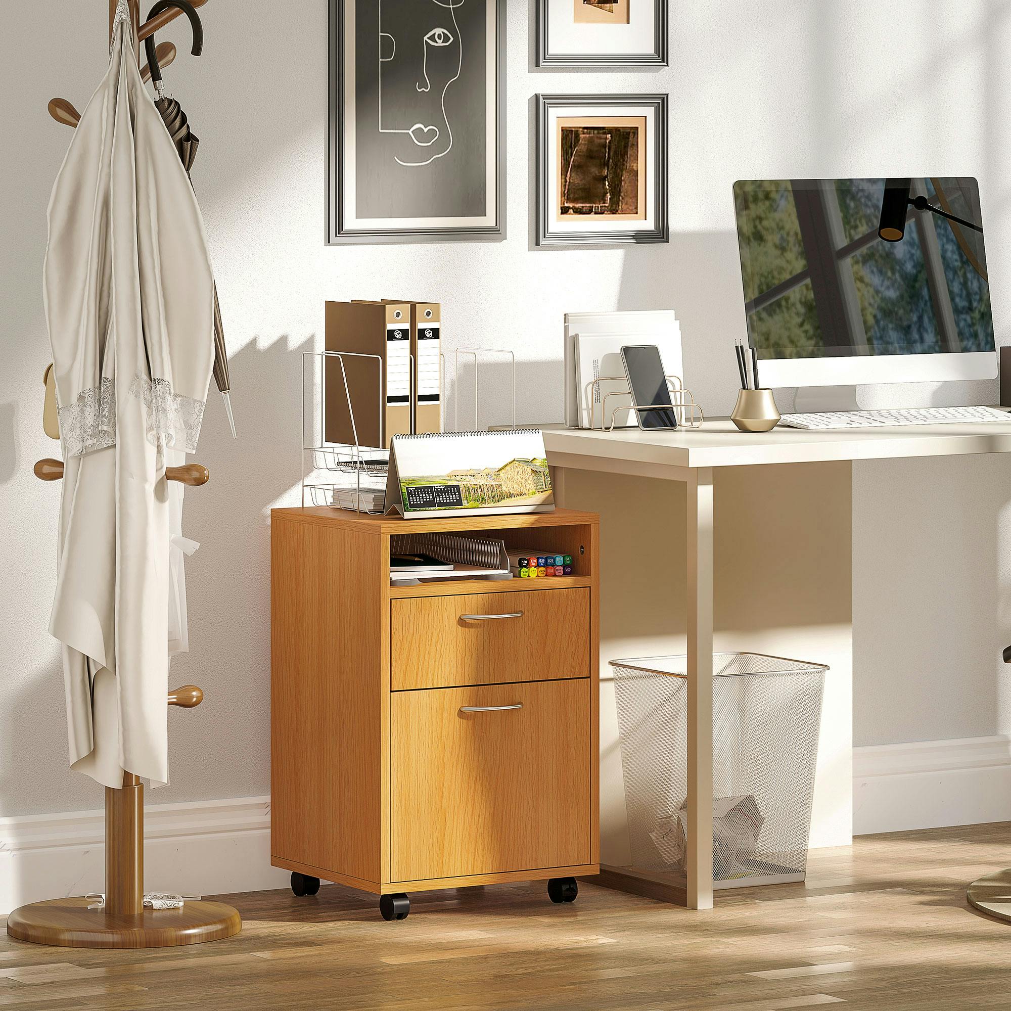 Rackhams Black 60Cm Filing Cabinet With Drawers And Open Shelf, - Natural Wood Finish