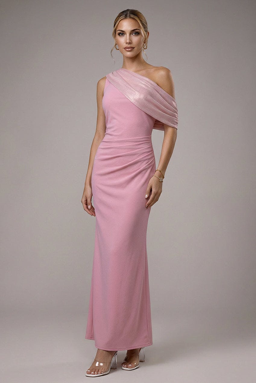 Goddiva Pink Lurex Pleated Bardot One Shoulder Cape Maxi Dress - Blush By - 14
