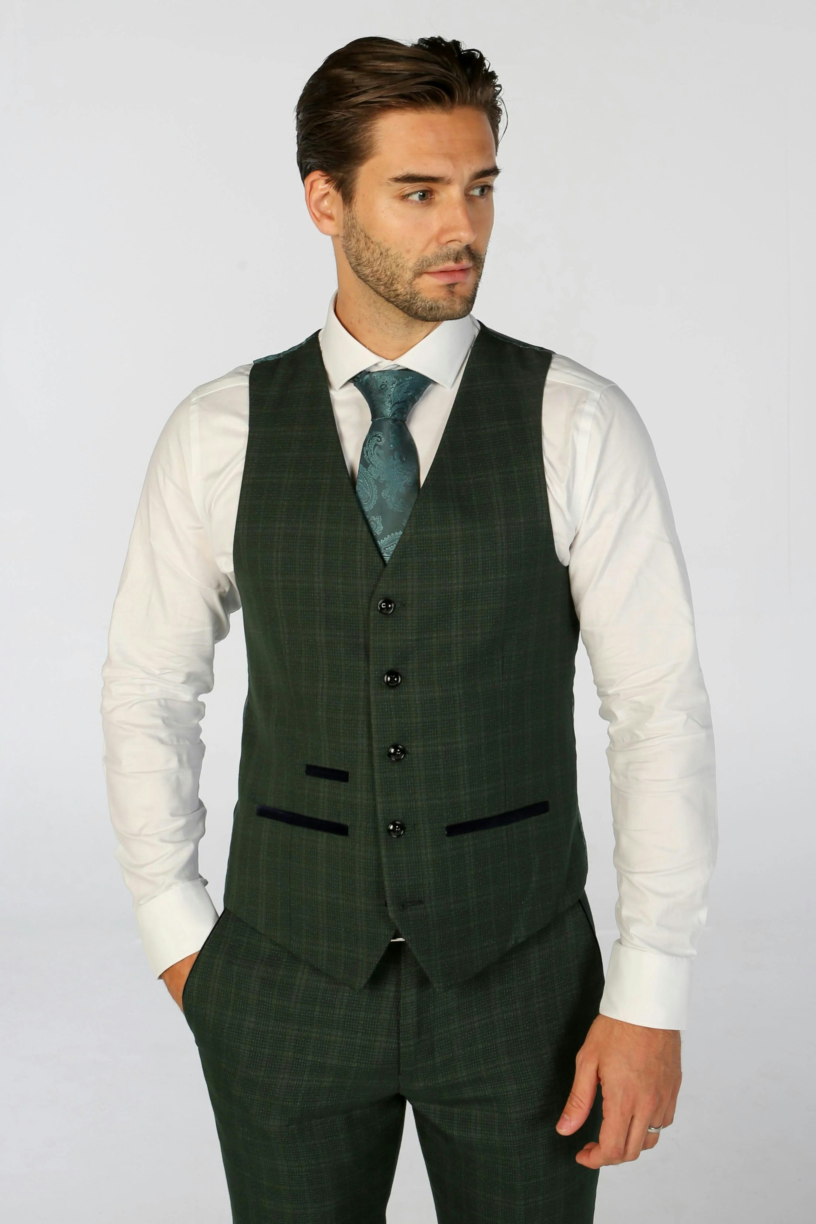 Paul Andrew Men's Green Leo - Checked Tailored Fit Waistcoat - 46