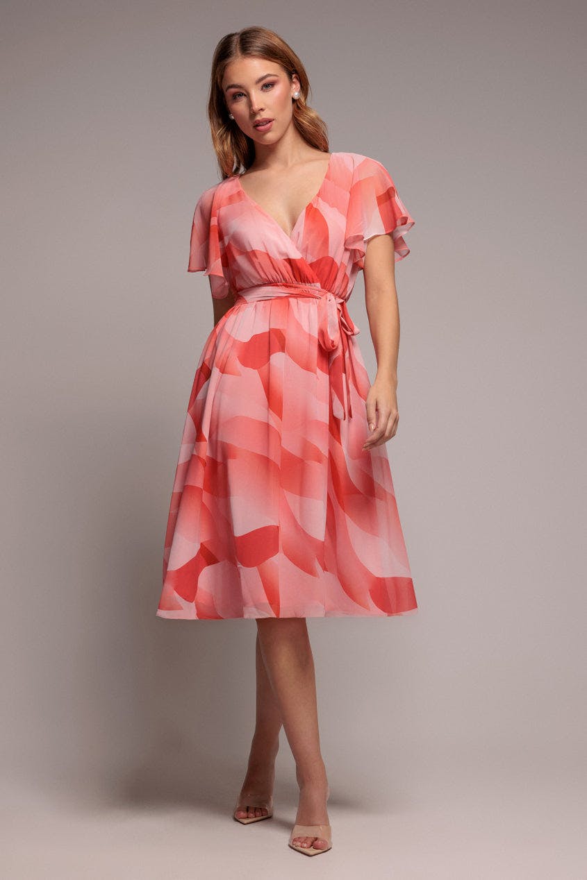 Goddiva Coral Printed Flutter Sleeve Chiffon Midi Dress - By - 16
