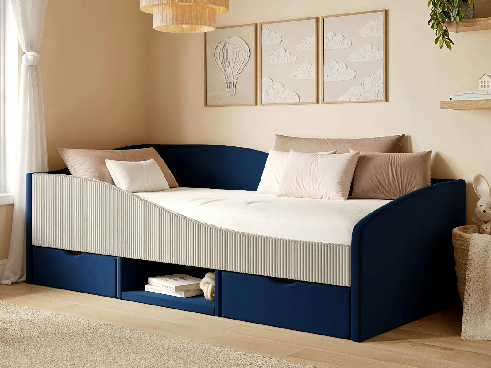 Rackhams Beige/Blue Aubrey Velvet Storage Low Sleeper Bed With Cord