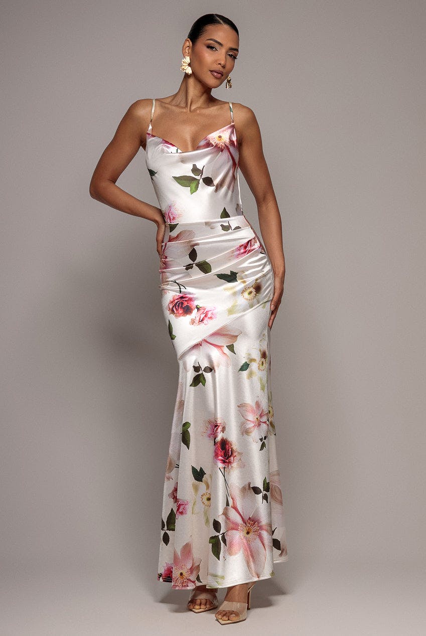 Goddiva Cream Floral Print Satin Cowl Neck Maxi Dress - By - 14