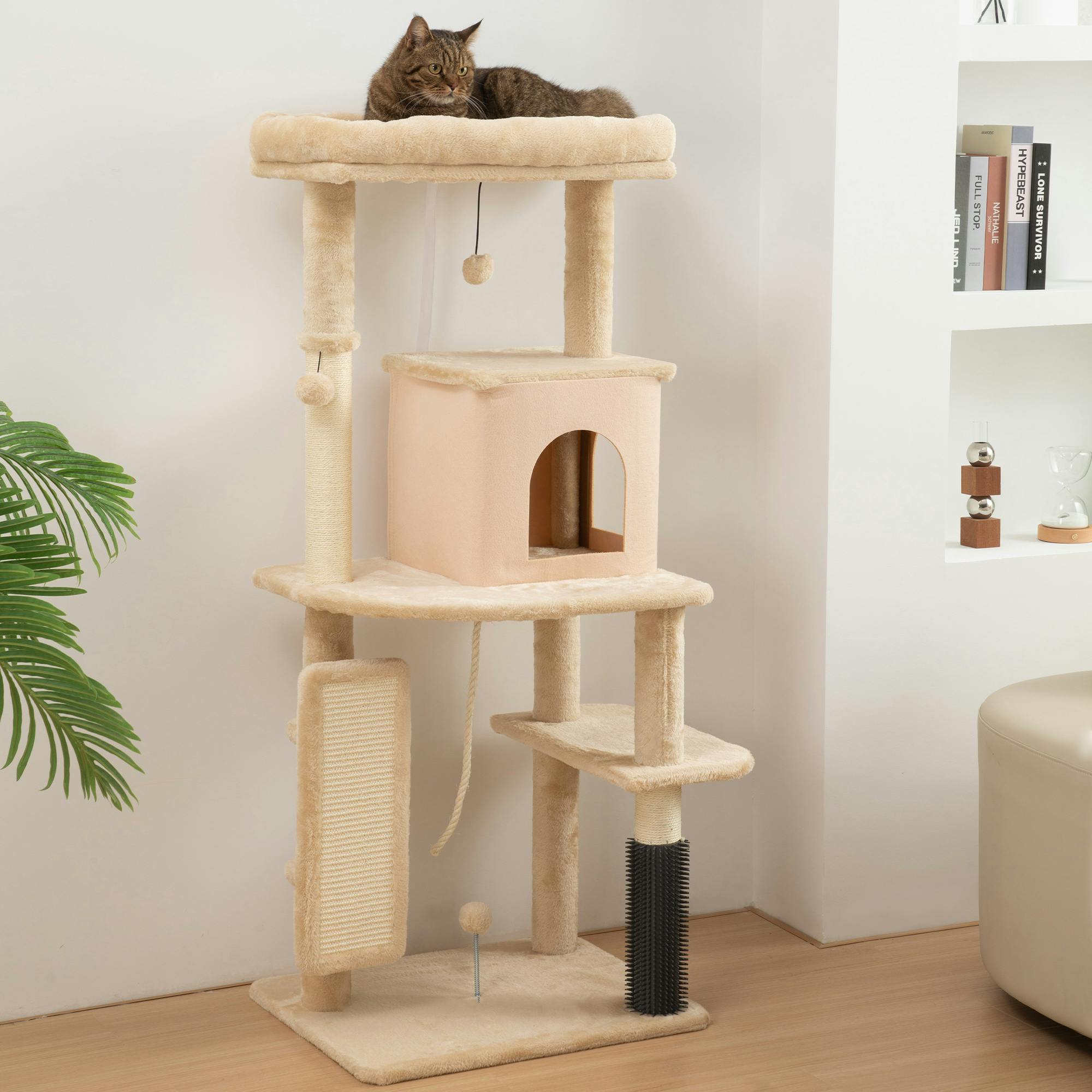 Pawhut Beige Cat Tree Tower Scratching Post Bed House, 132Cm,