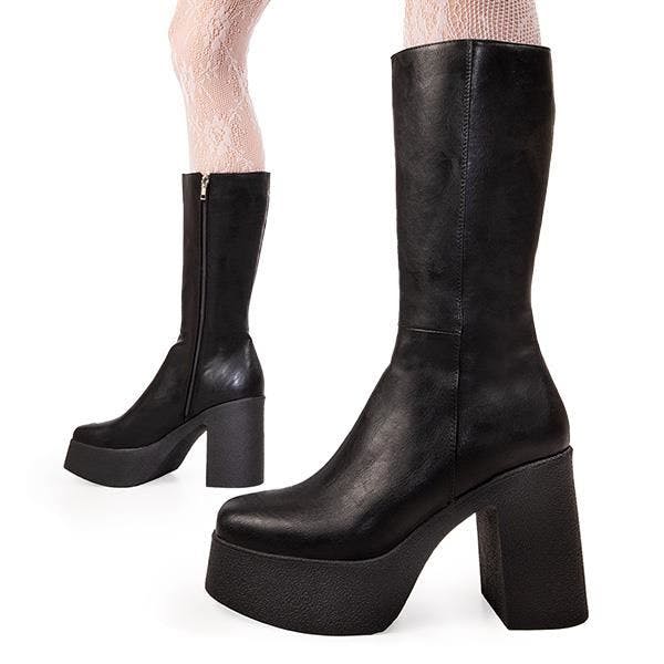 Lamoda Women's Black Holler Back Pu Platform Calf Boots Chunky Gothic Style - Uk7