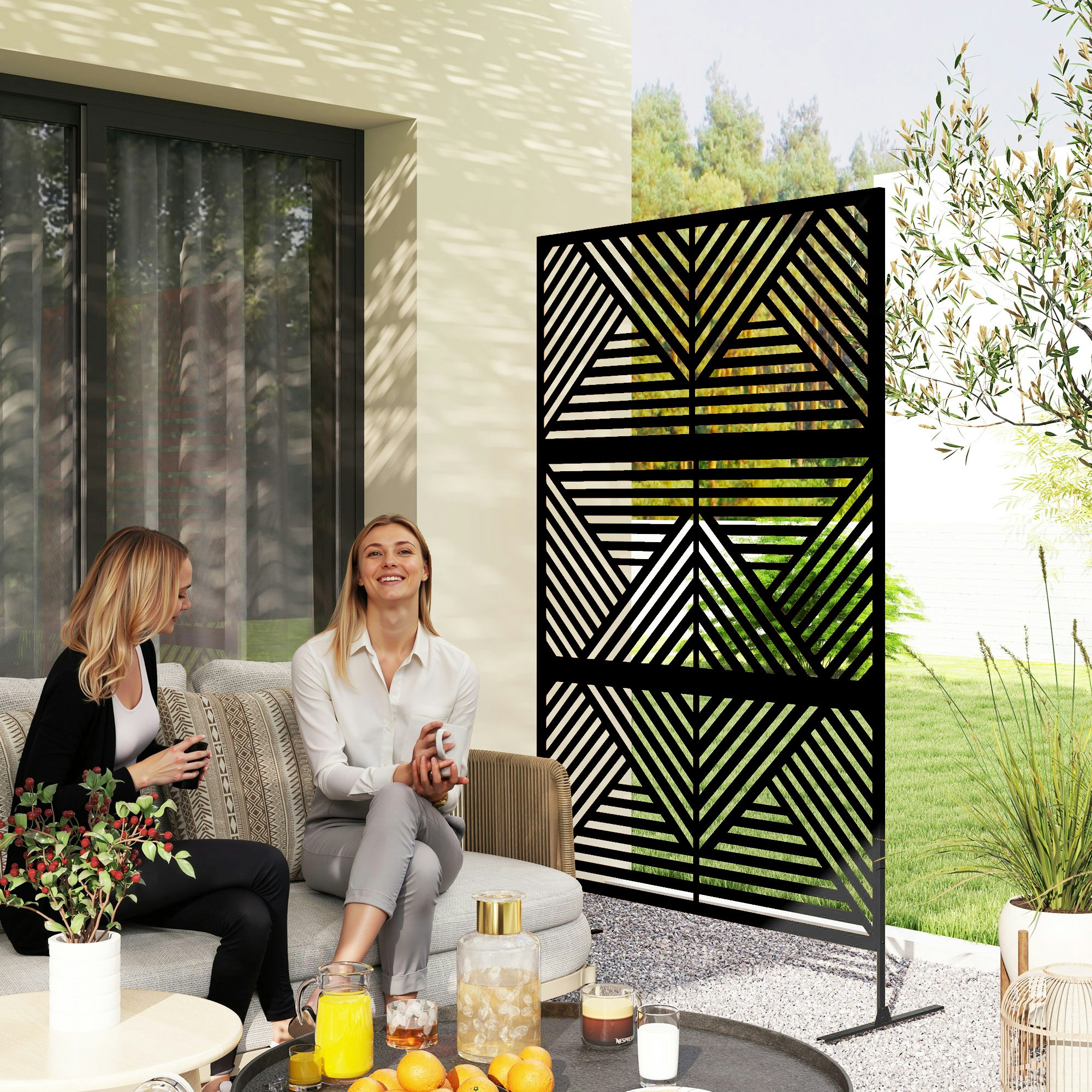Rackhams Black Decorative Garden Privacy Screen With Stand (6.5Ft) Freestanding Metal Outdoor Divider