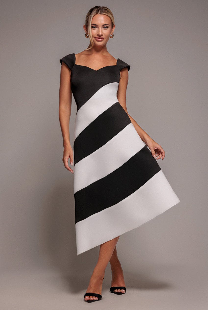 Goddiva Black/Cream Striped Contrast Asymmetric Midi Dress - By - 12
