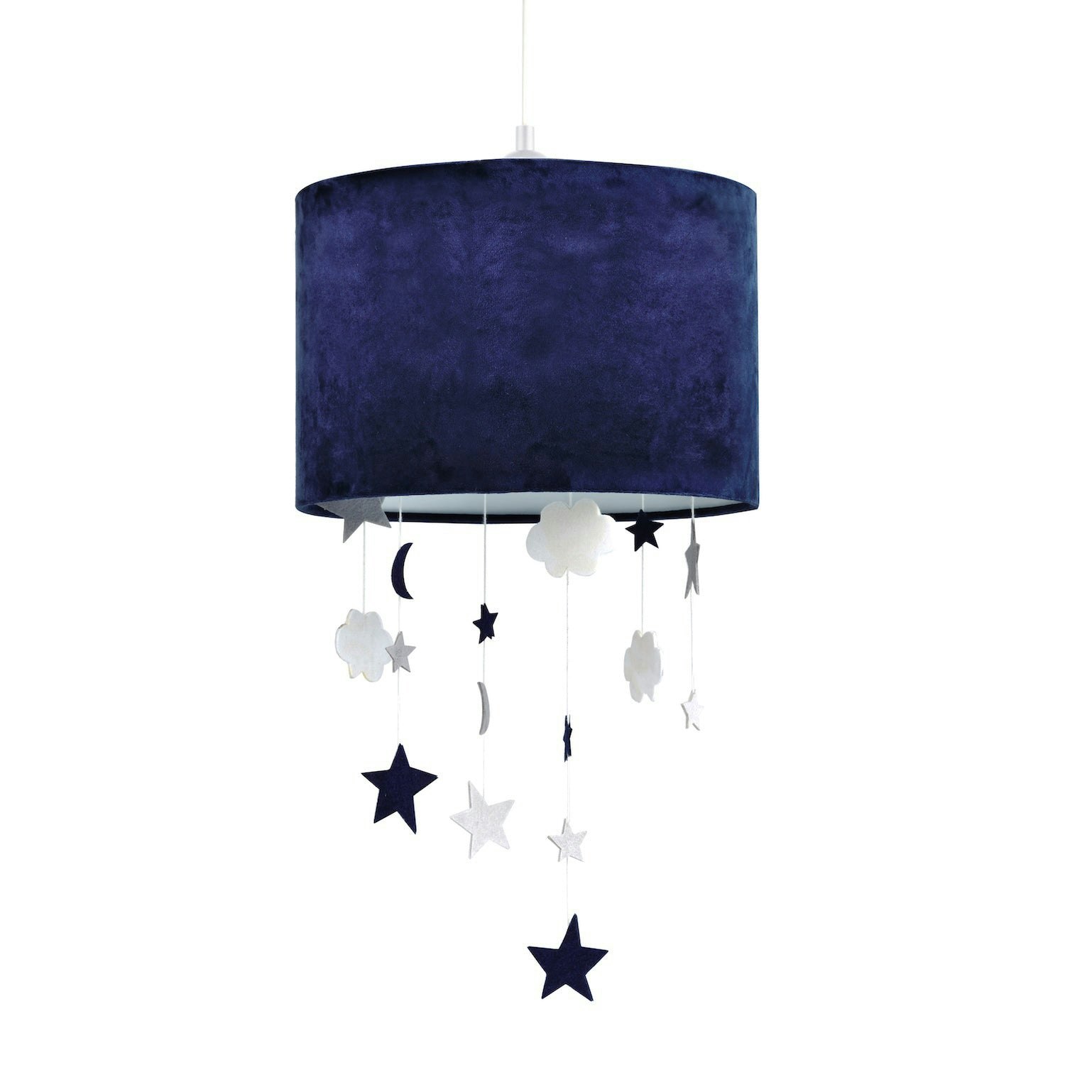 Rackhams Blue Soft Midnight Velvet Pendant Lamp Shade With Hanging Felt Stars And Clouds