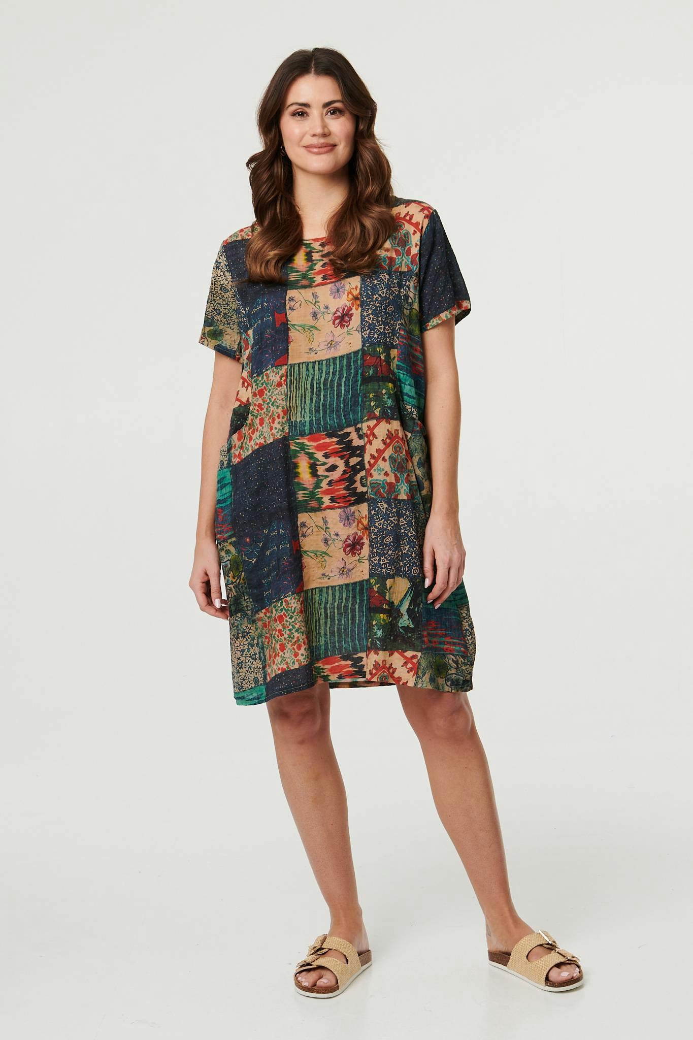 Izabel London Green Patchwork Print Short Sleeve Shift Dress - M