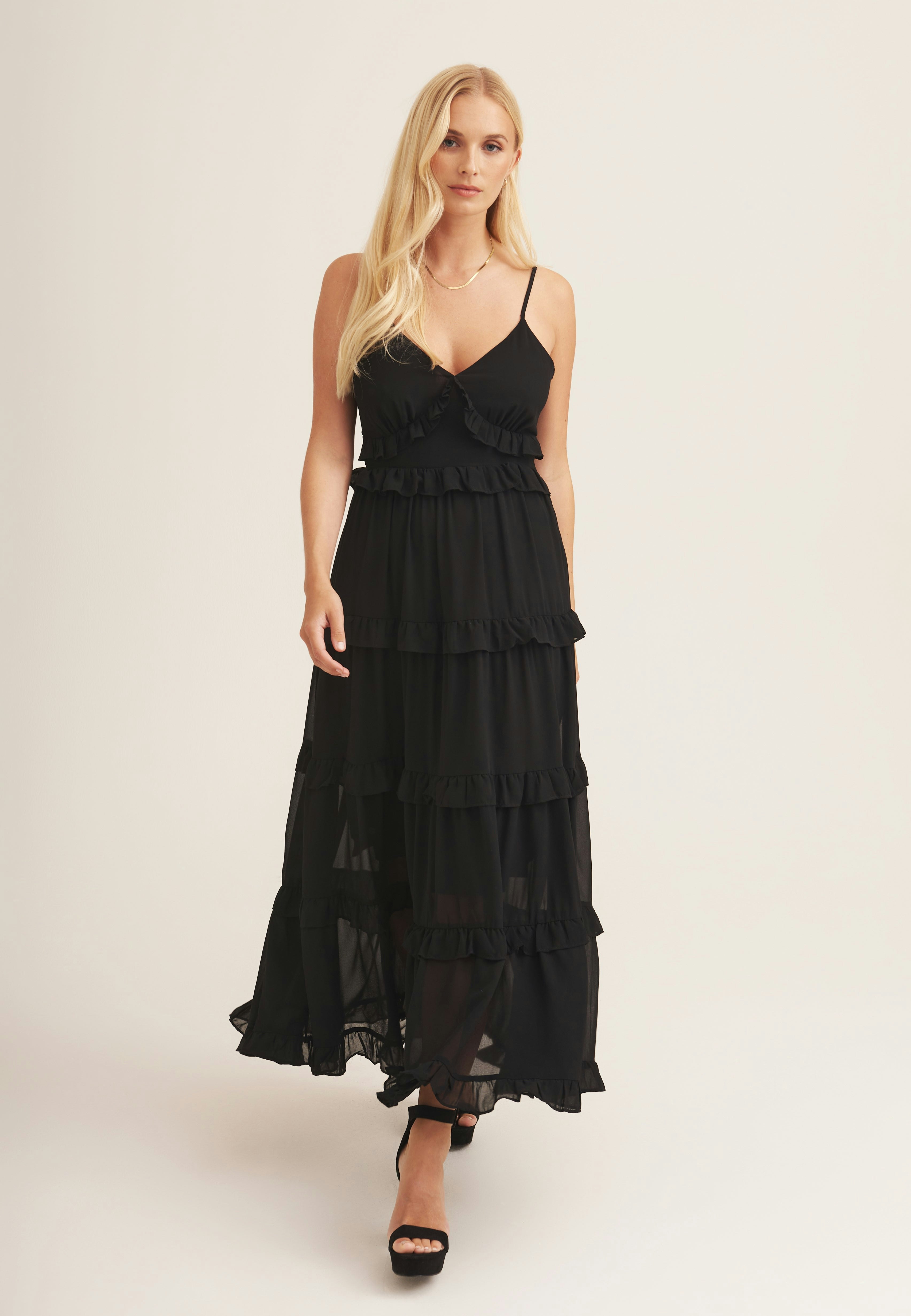 Gini London Black Frill Tiered Midaxi Dress - Uk 8 / Us 4 / Eu 36