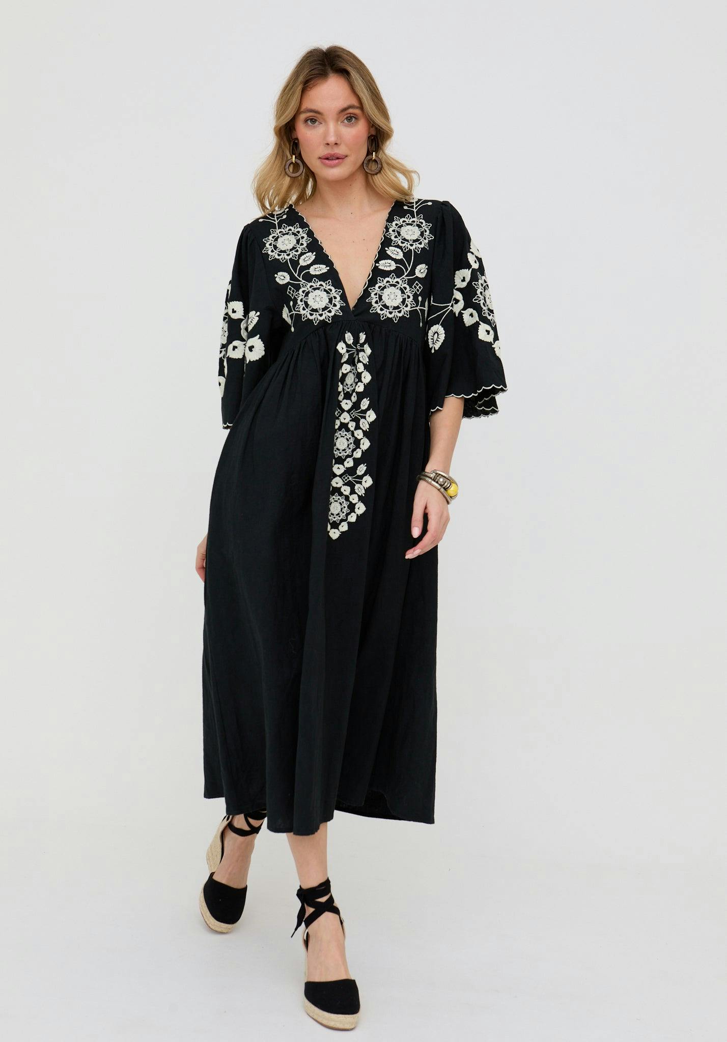 Raffya Black Arianna V- Neck Embroidered Maxi Dress In - 10