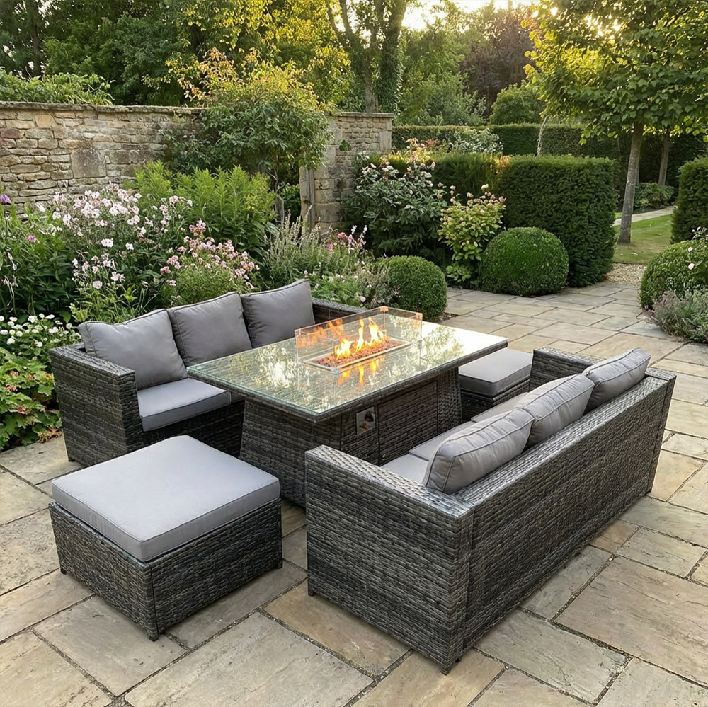 Rackhams Dark/Grey 8 Seater Rattan Outdoor Gas Fire Pit Dining Set With 2 Sofas & 2 Large Footstools