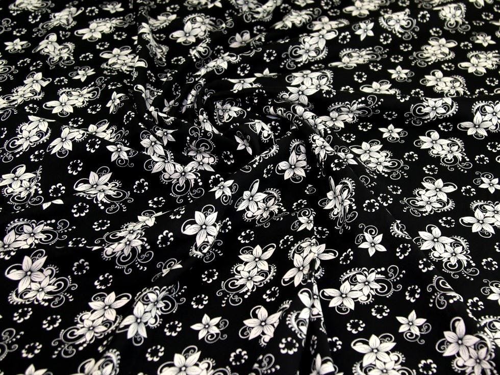 Minerva Core Range Black Minerva Deadstock Viscose Challis Fabric - Flowers Design Dressmaking Fabric, 140 Cm / 56" Wide - Per Metre