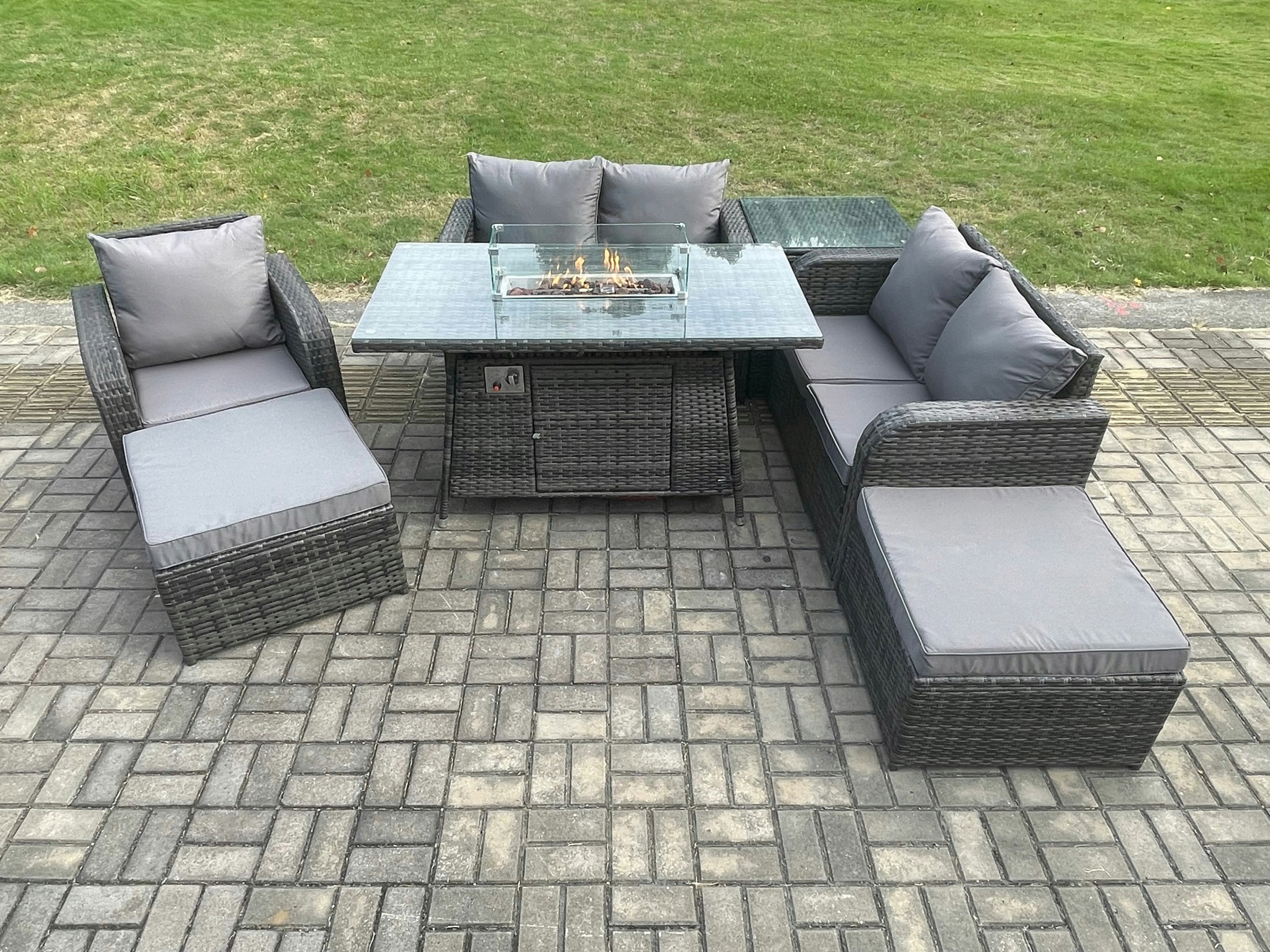 Fimous Dark/Grey Rattan Outdoor Gas Fire Pit Dining Set | Reclining Chair, Sofa, Side Tables, 2 Large Footstools |