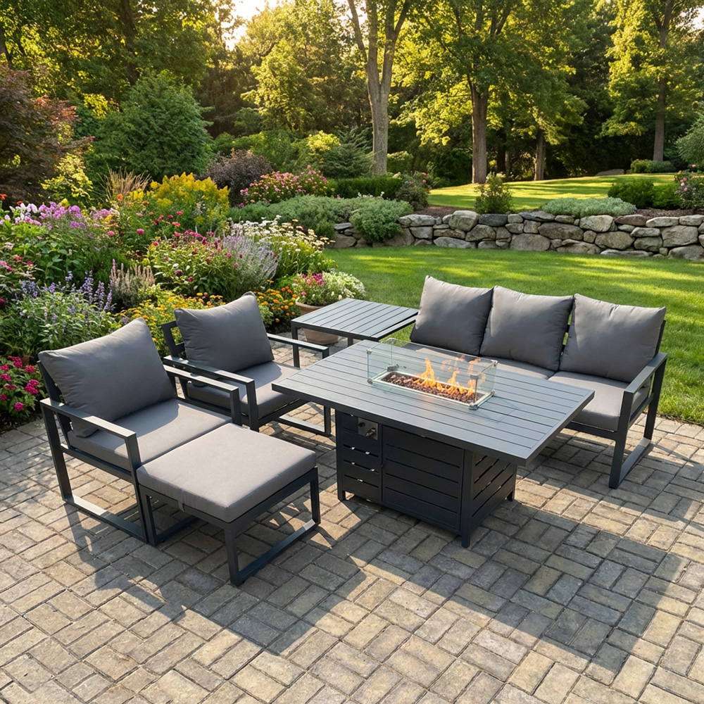 Rackhams Dark/Grey 6 Seater Aluminium Outdoor Gas Fire Pit Dining Set With Sofa, 2 Armchairs, Side Table, Footstool