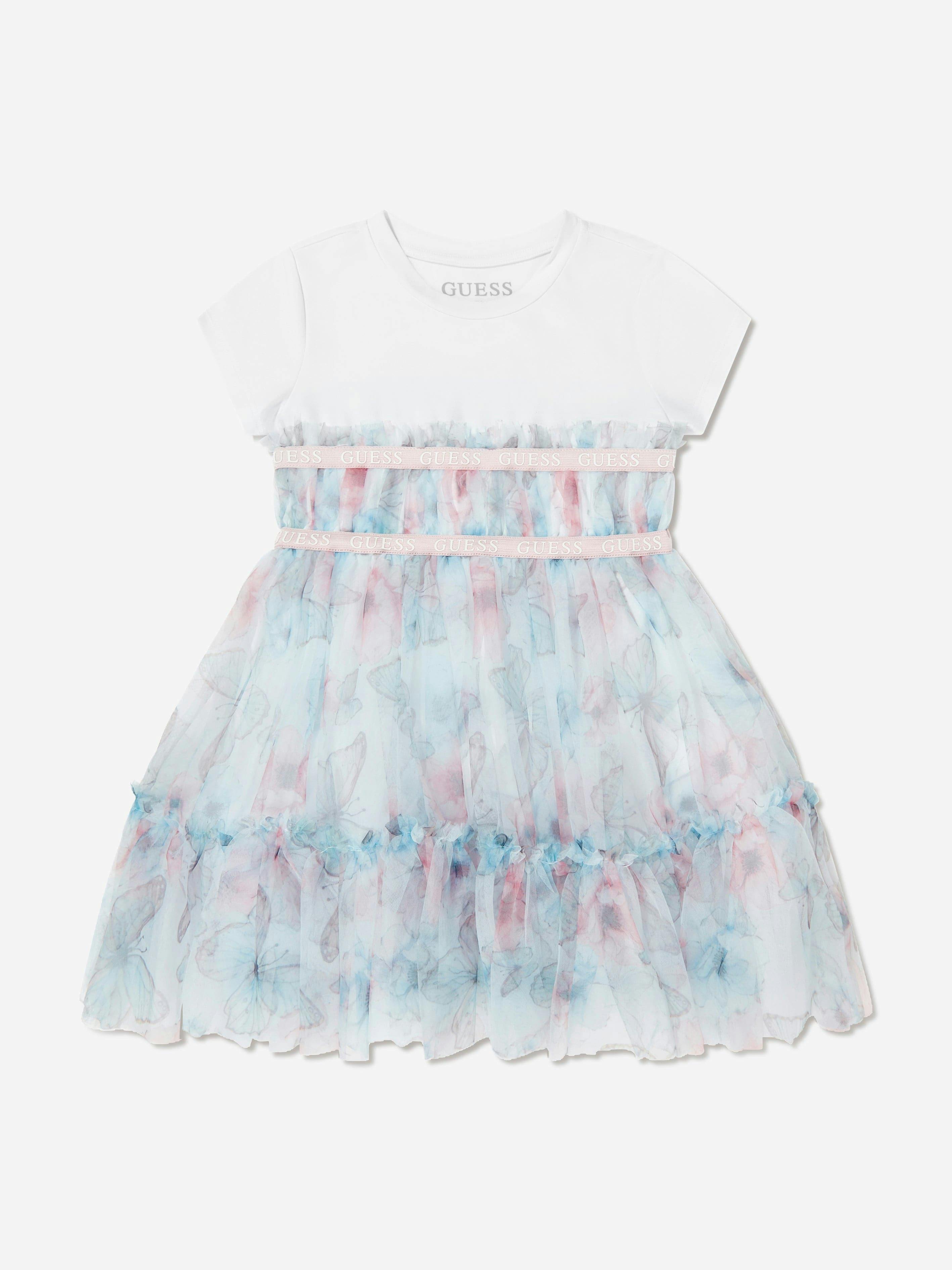 Guess Girls Blue Butterfly Collage Dress In - 10 Yrs