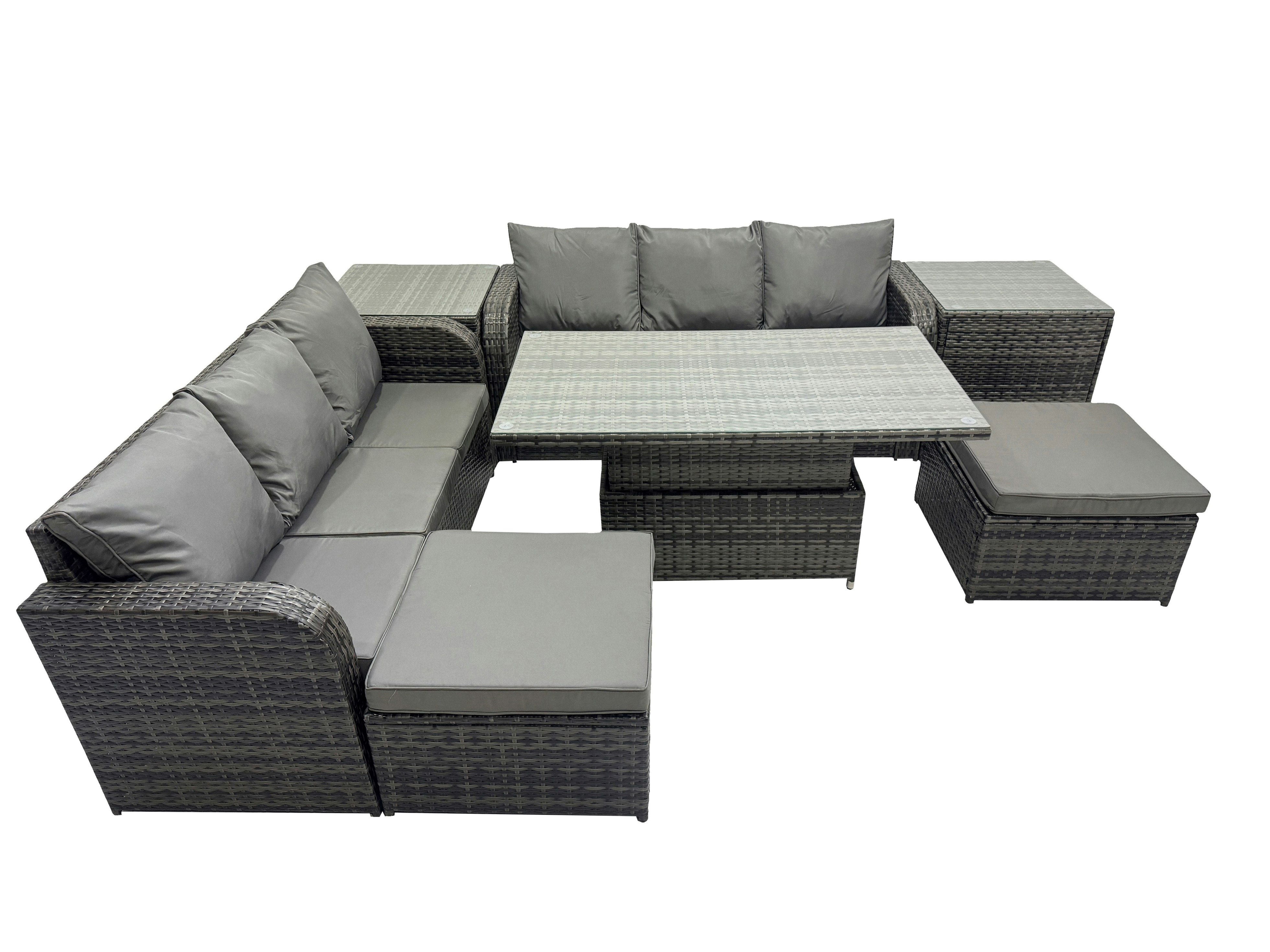 Rackhams Dark/Grey Rattan Garden Furniture Dining Set 8 Seater Patio Height Adjustable Rising Table Sofa Set With 2 Side Table 2 Big Footstool Mixed