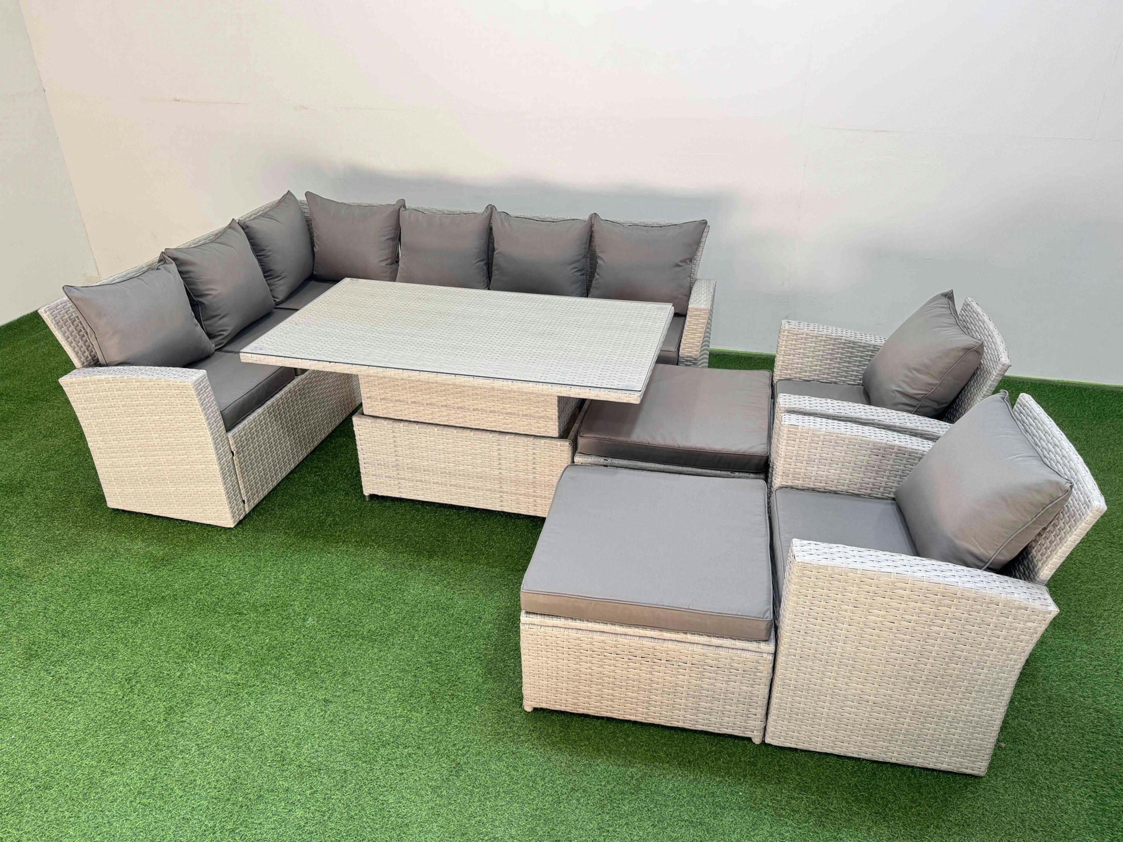 Rackhams Light/Grey 10 Seat Rattan Outdoor Garden Furniture Corner Sofa Set Adjustable Lifting Dining Or Coffee Table Set With Armchair