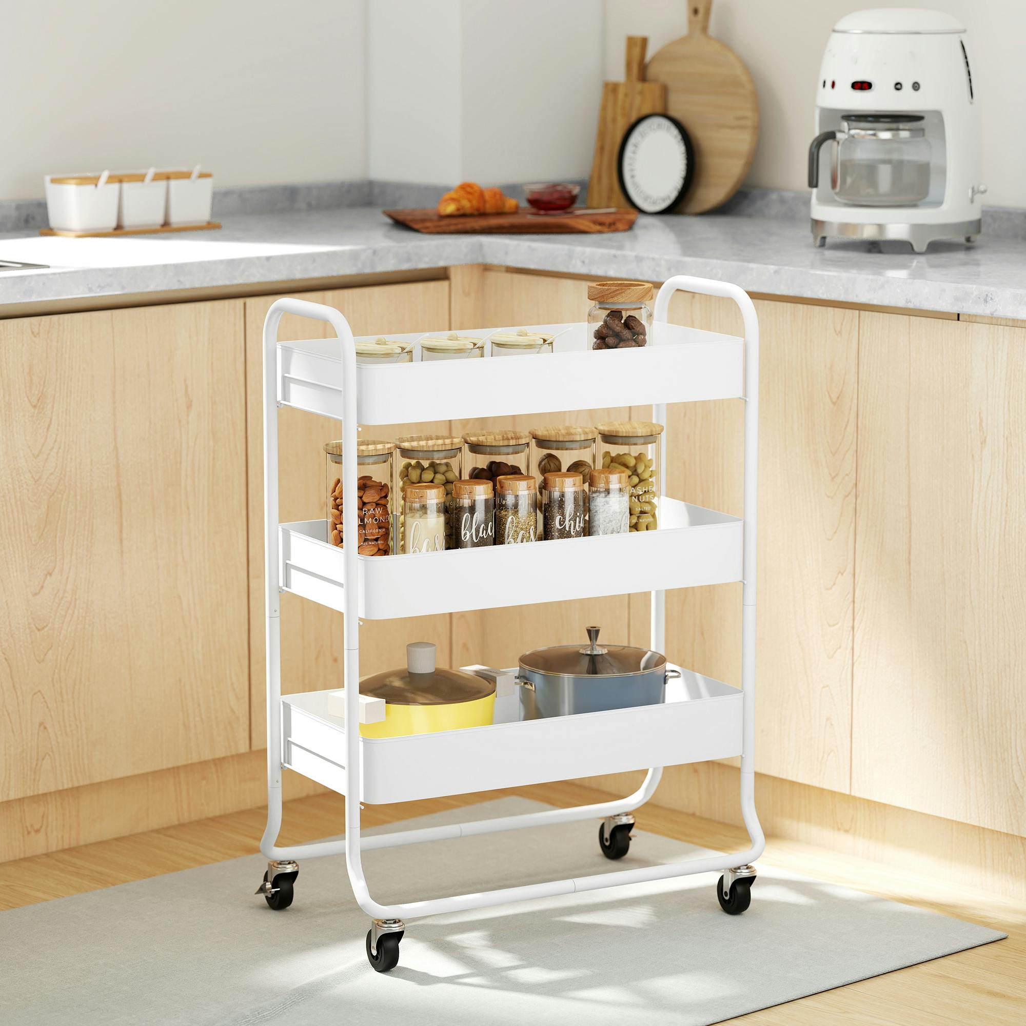 Homcom White 3-Tier Storage Trolley, Storage Cart With Mesh Backets, Wheels