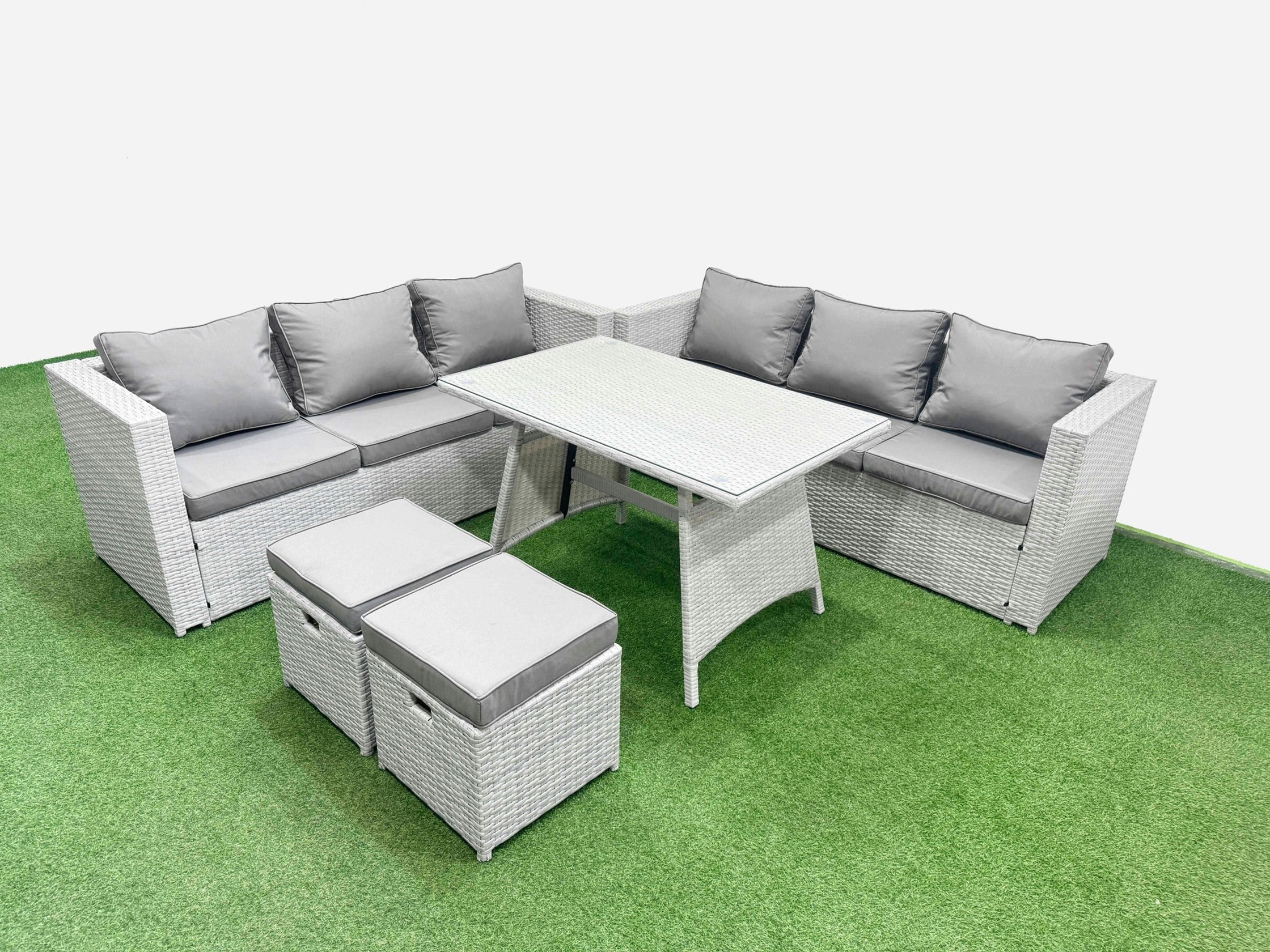 Rackhams Light/Grey Rattan Garden Furniture Dining Set 8 Seater Patio Rectangular Table 3 Seater Sofa Set With 2 Small Stools
