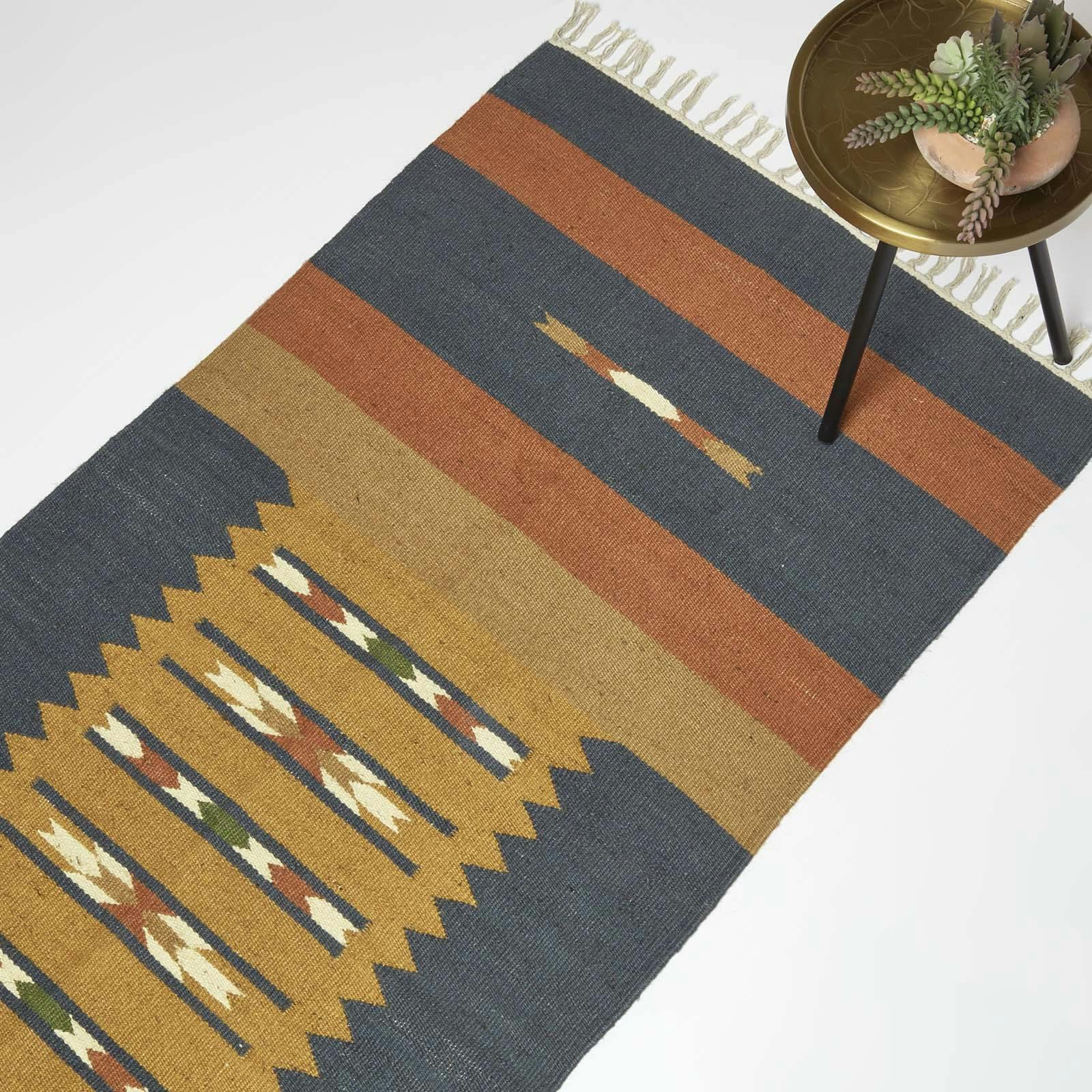 Rackhams Orange/Blue Lundi & Kilim Cotton & Jute Rug - 80 X 180 Cm
