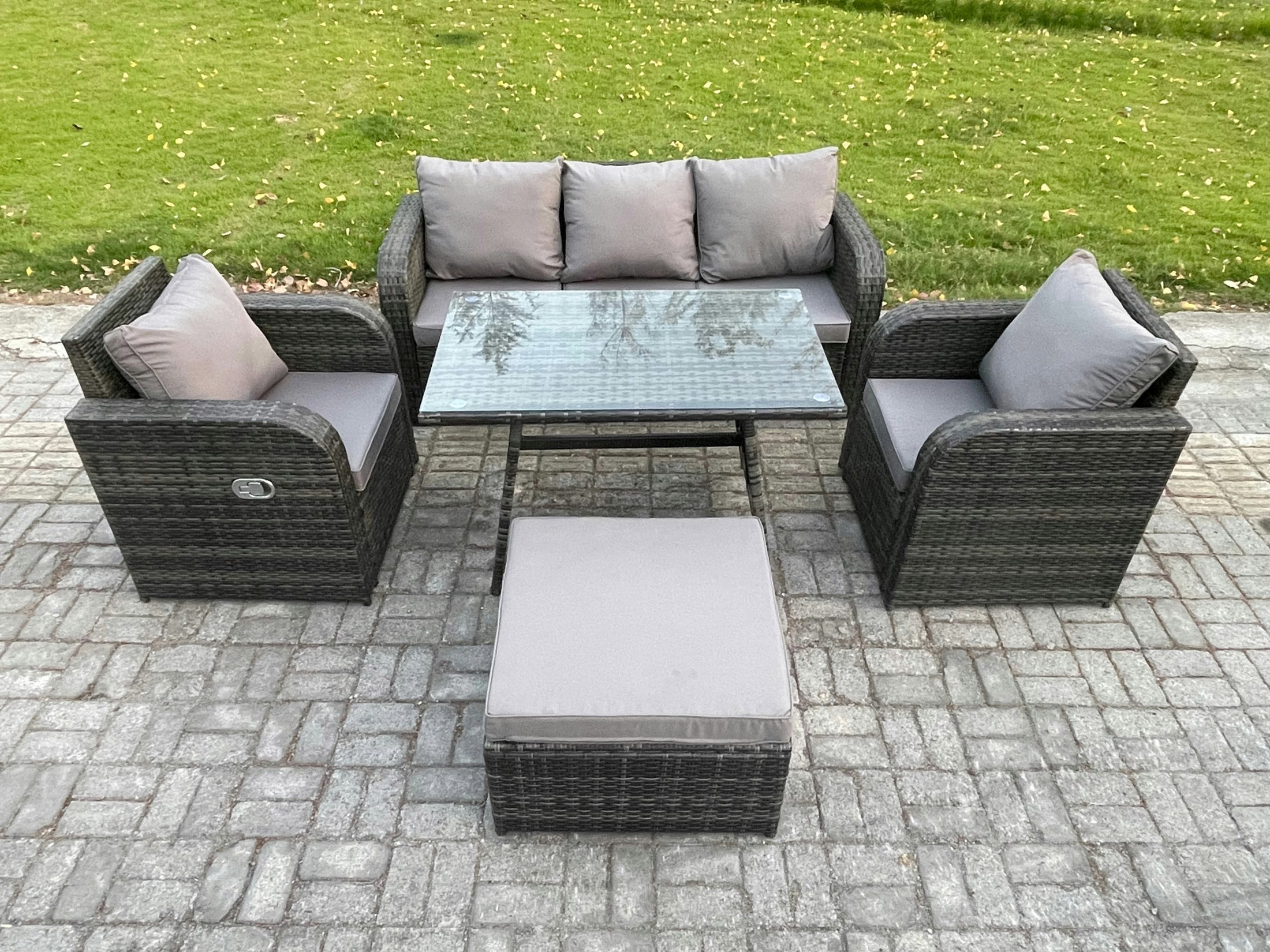Rackhams Dark/Grey Rattan Wicker Garden Furniture Patio Conservatory Sofa Set With Rectangular Dining Table Reclining Chair 3 Seater Sofa Big Footstool