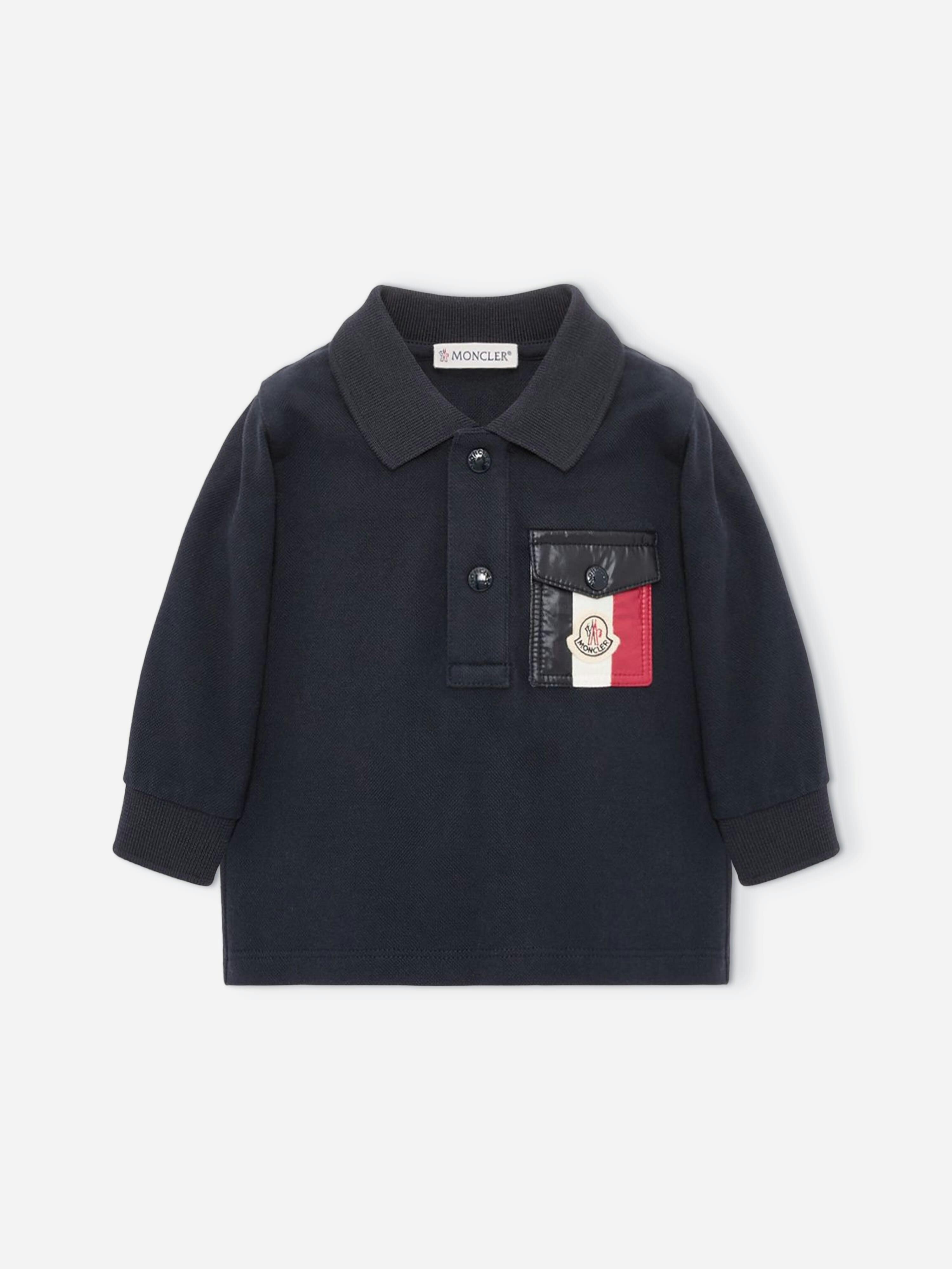 Moncler Tricolour Long Sleeve Cotton Piquet Polo Shirt for Boys in Blue, Size: 2Y - Image 4