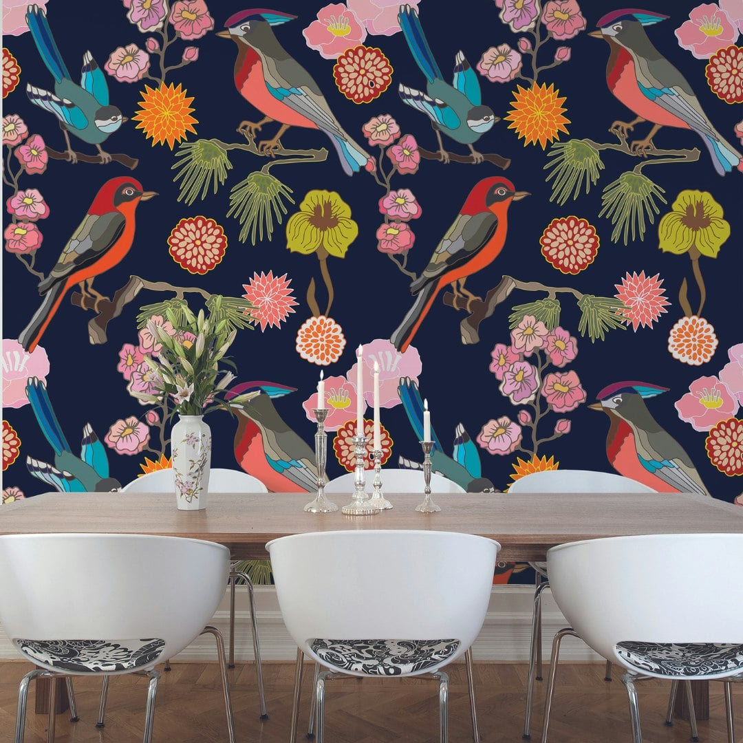Origin Murals Floral Birds Wall Mural - Ink - Ink - Large - W350cm X H280cm
