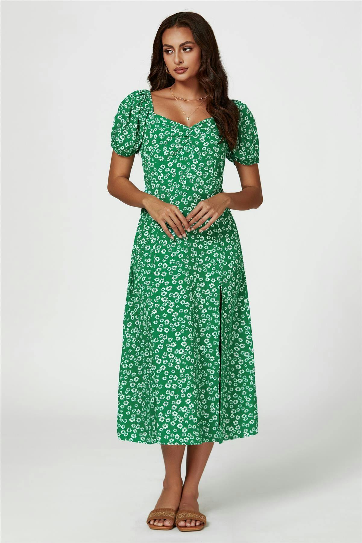 Fs Collection Green Puff Sleeve Heart Neckline Midi Dress In - Xs