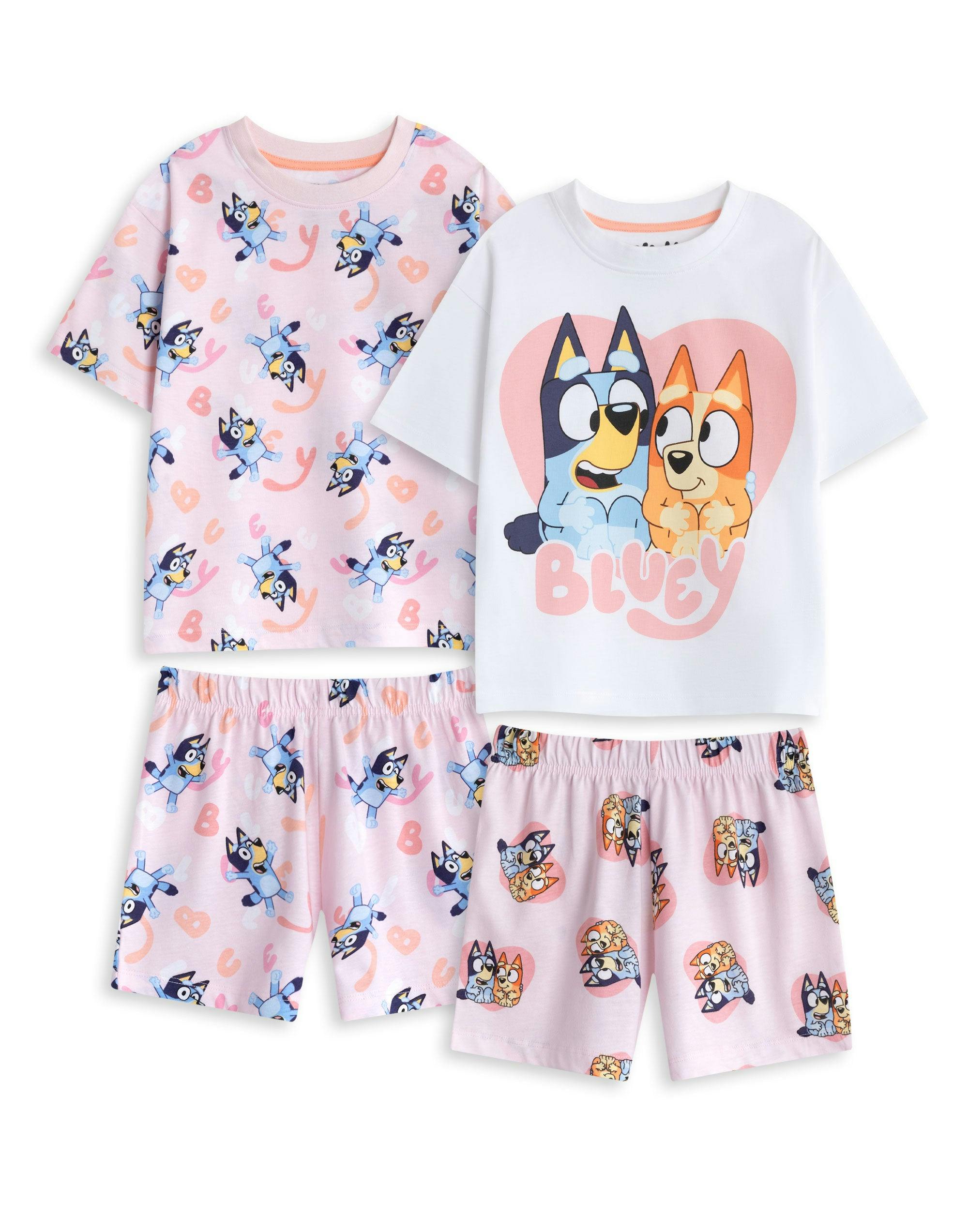 Vanilla Underground Girls Pink/White/Blue Bluey Multicoloured Multi Character Multi-Pack Of 2 Short Sleeve Short Leg Pyjama Set - 4-5 Years