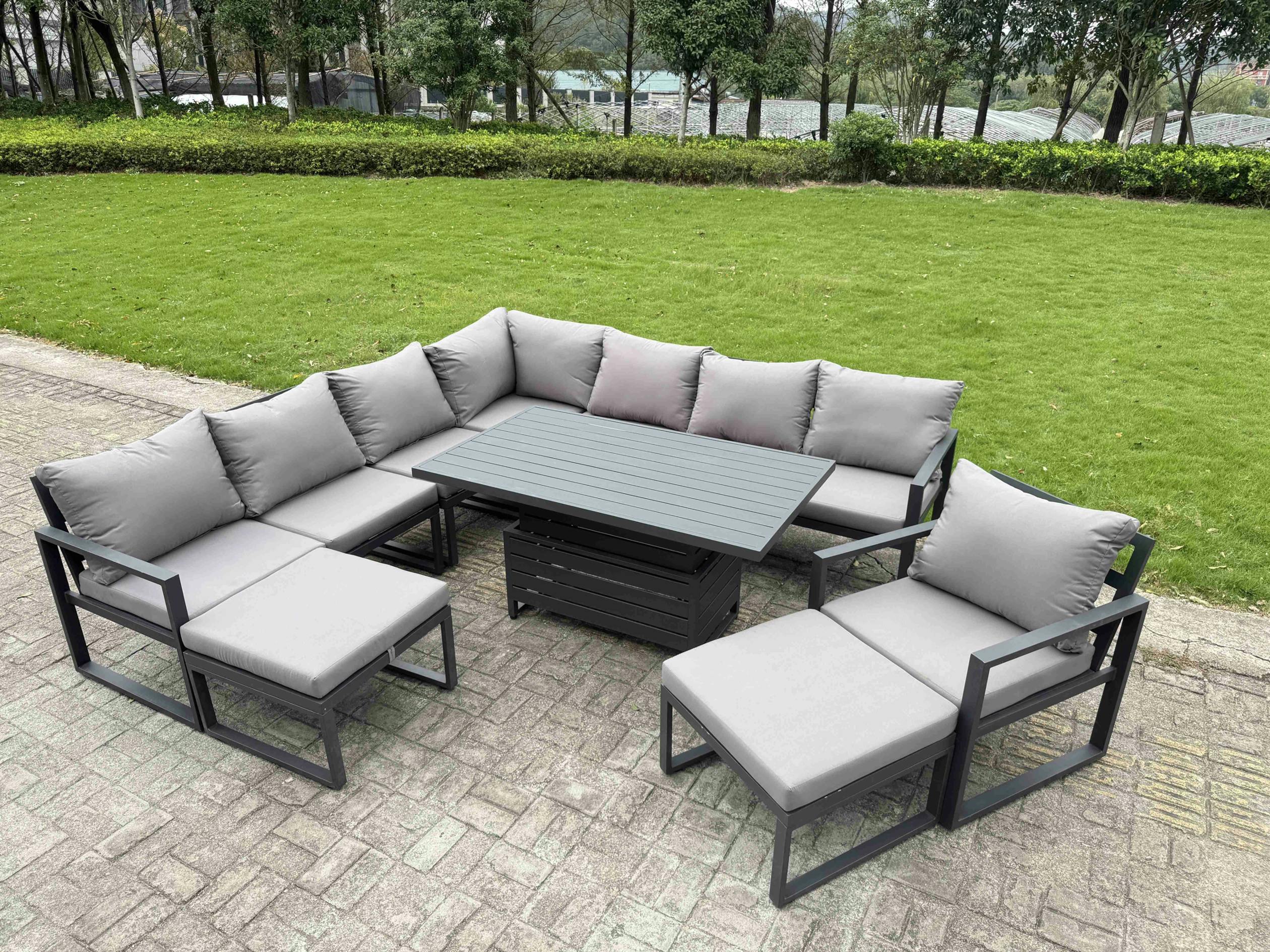 Rackhams Grey 10 Seater Aluminium Outdoor Garden Furniture Set With Rising Dining Table, Corner Sofa, Chair & 2 Footstools