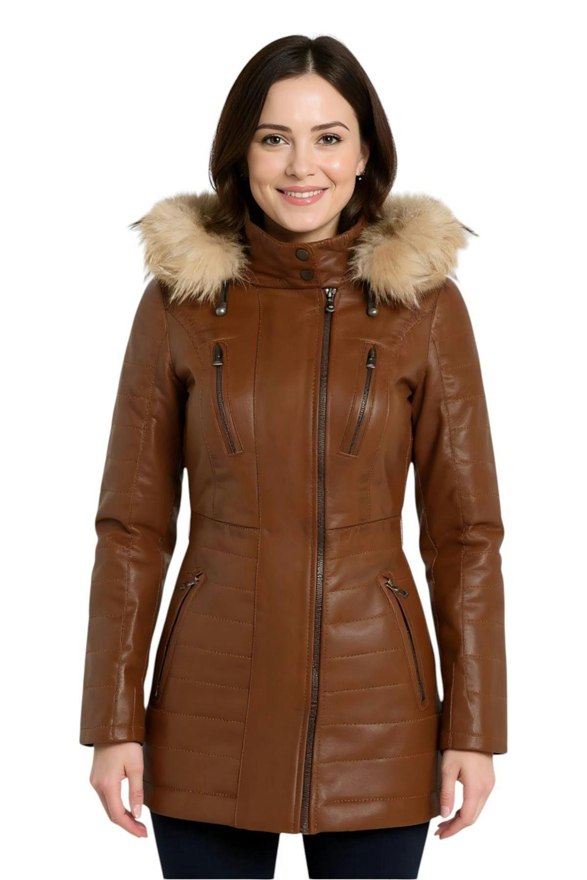Infinity Leather Women's Quilted Leather Parka Jacket-Curitiba - Tan - Uk 4XL/22 | Eu 48 | Us 18