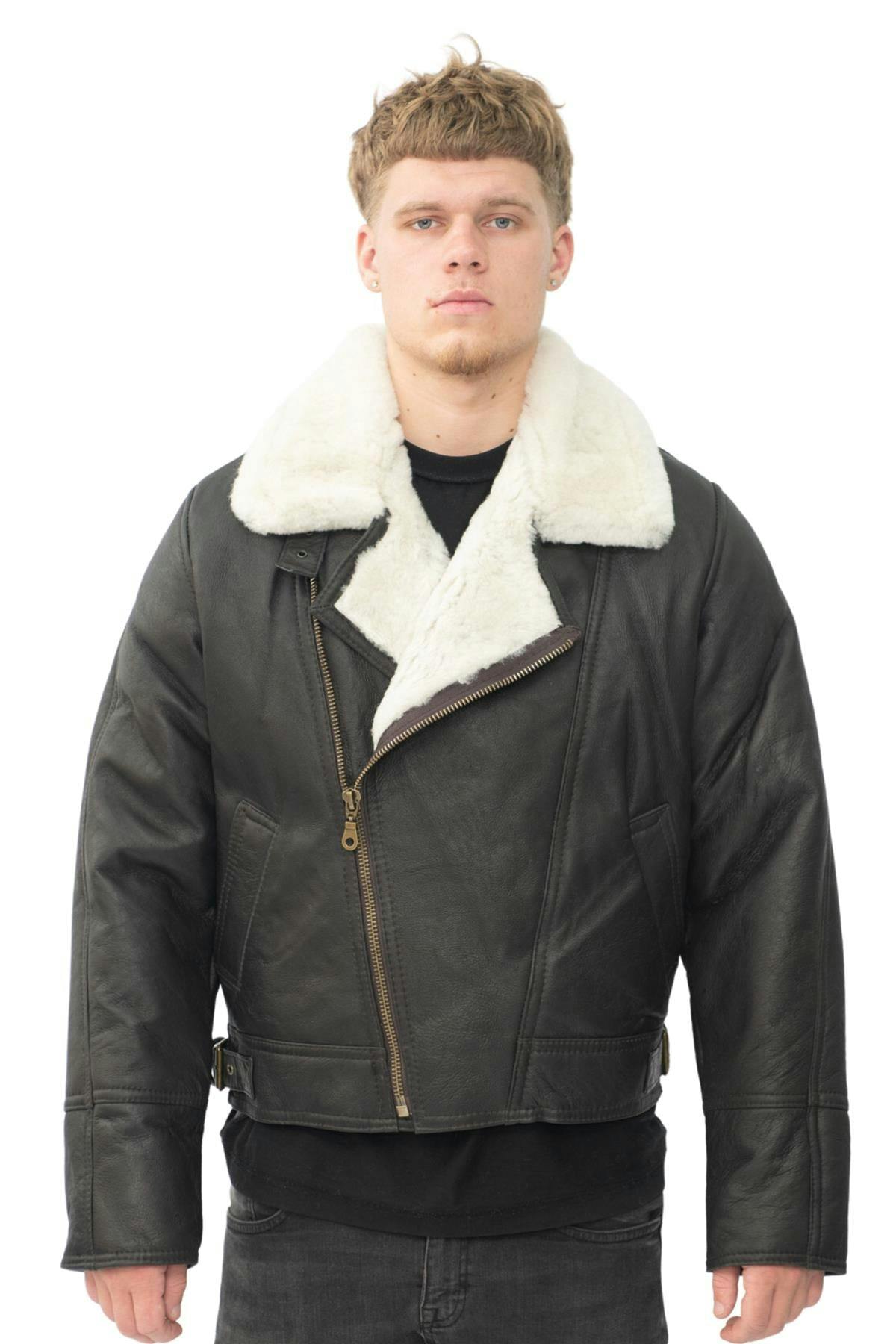 Infinity Leather Men's Brown/Cream Sheepskin Leather Ww2 Bomber Jacket-Tucson - Uk 2XL | Eu 54 | Us 44