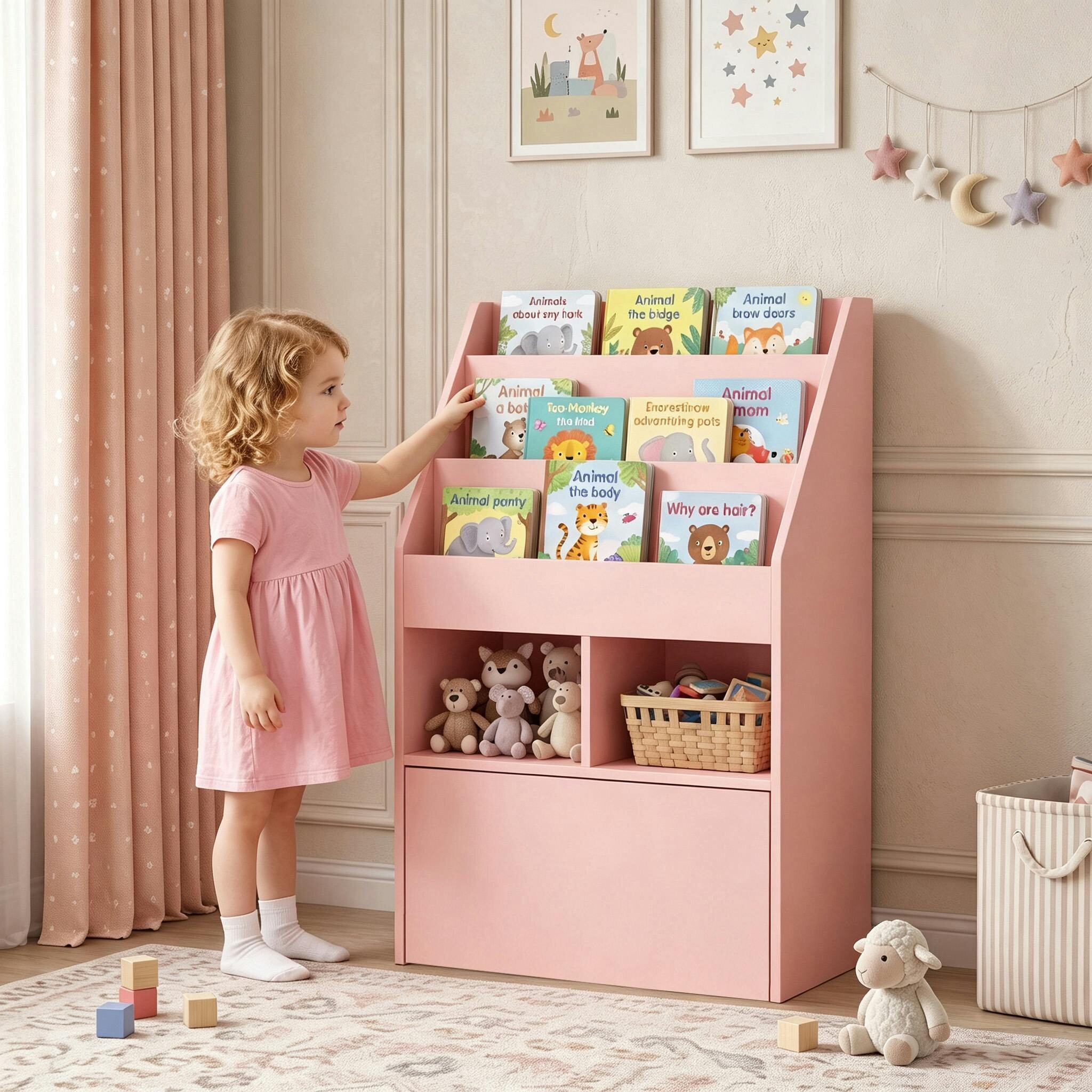 Rackhams Pink Kids Bookcase, Toy Box W/ Storage Drawer, Wheels For Bedroom
