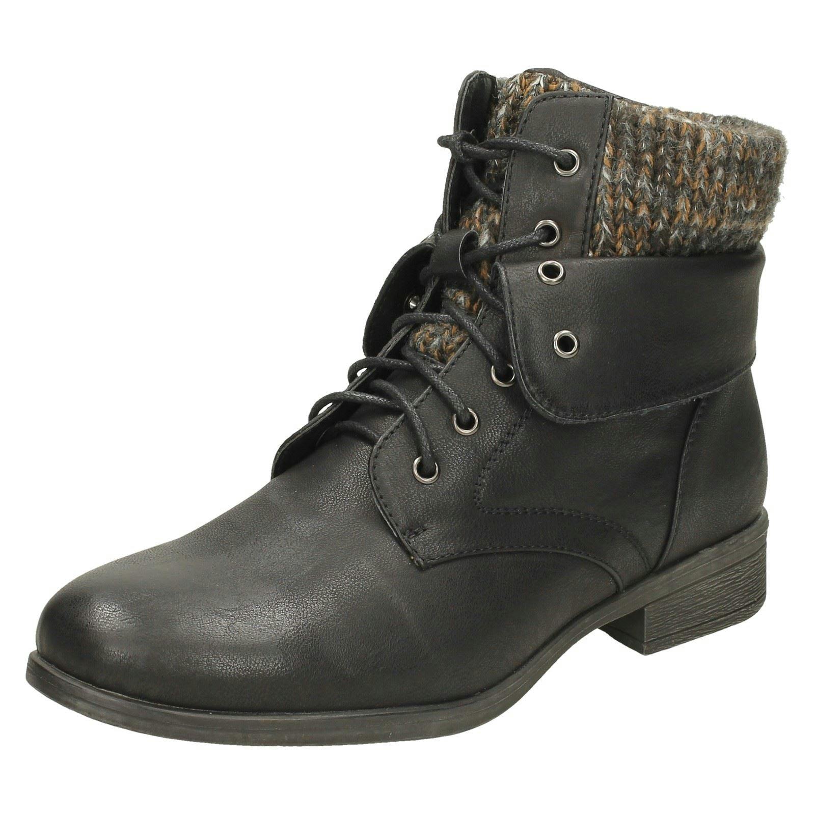 Spot On Women's Black Mid Heel Lace Up Ankle Boots - Uk 7