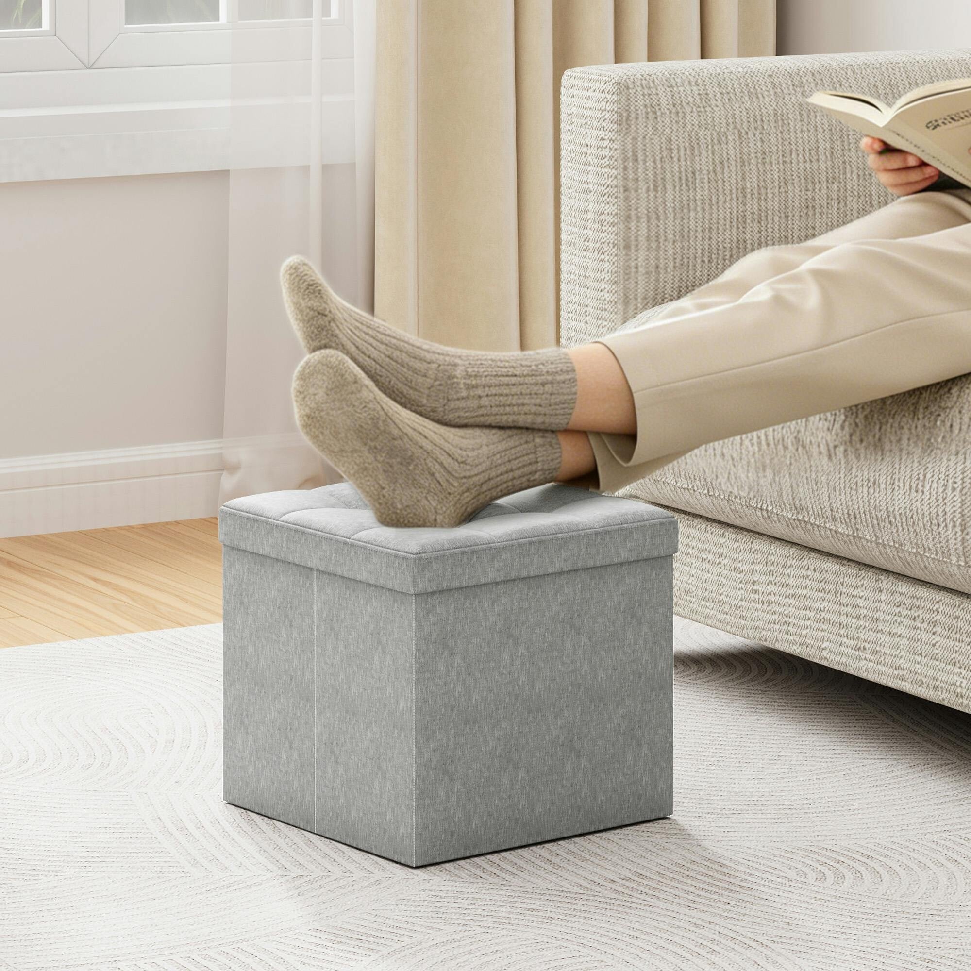 Mcc Direct Unisex Light Grey 38Cm Square Ottoman Foldable Storage Upholstered Foot Rest In - Image 3