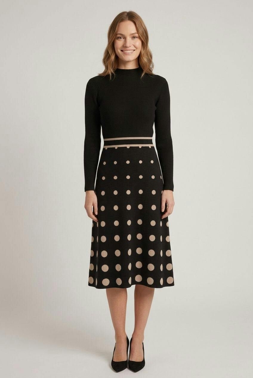 Izabel London Black Spotty Print High Neck Midi Jumper Dress - 16