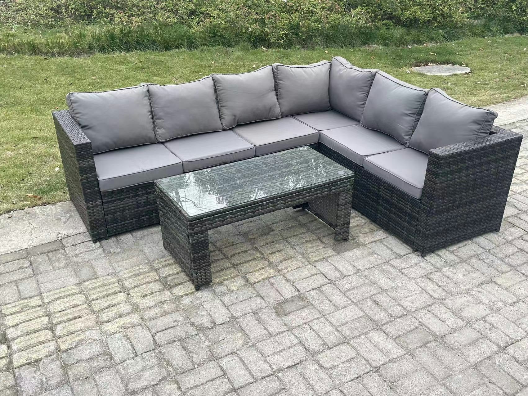 Rackhams Dark/Grey 6 Seater Rattan Corner Sofa Lounge Sofa Set With Rectangular Coffee Table Mixed Right Hand