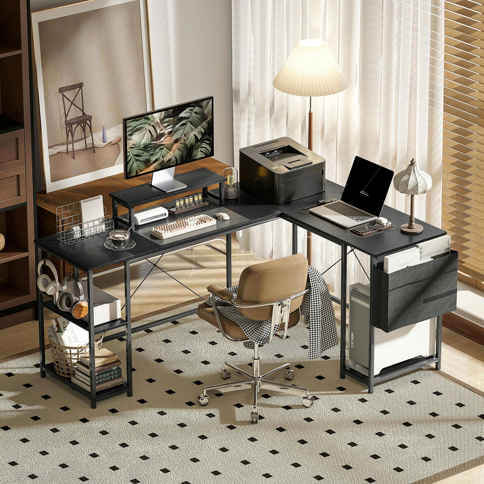 Homcom 168Cm Reversible L Shaped Desk, 240Cm Two Person Desk, Black - Image 2