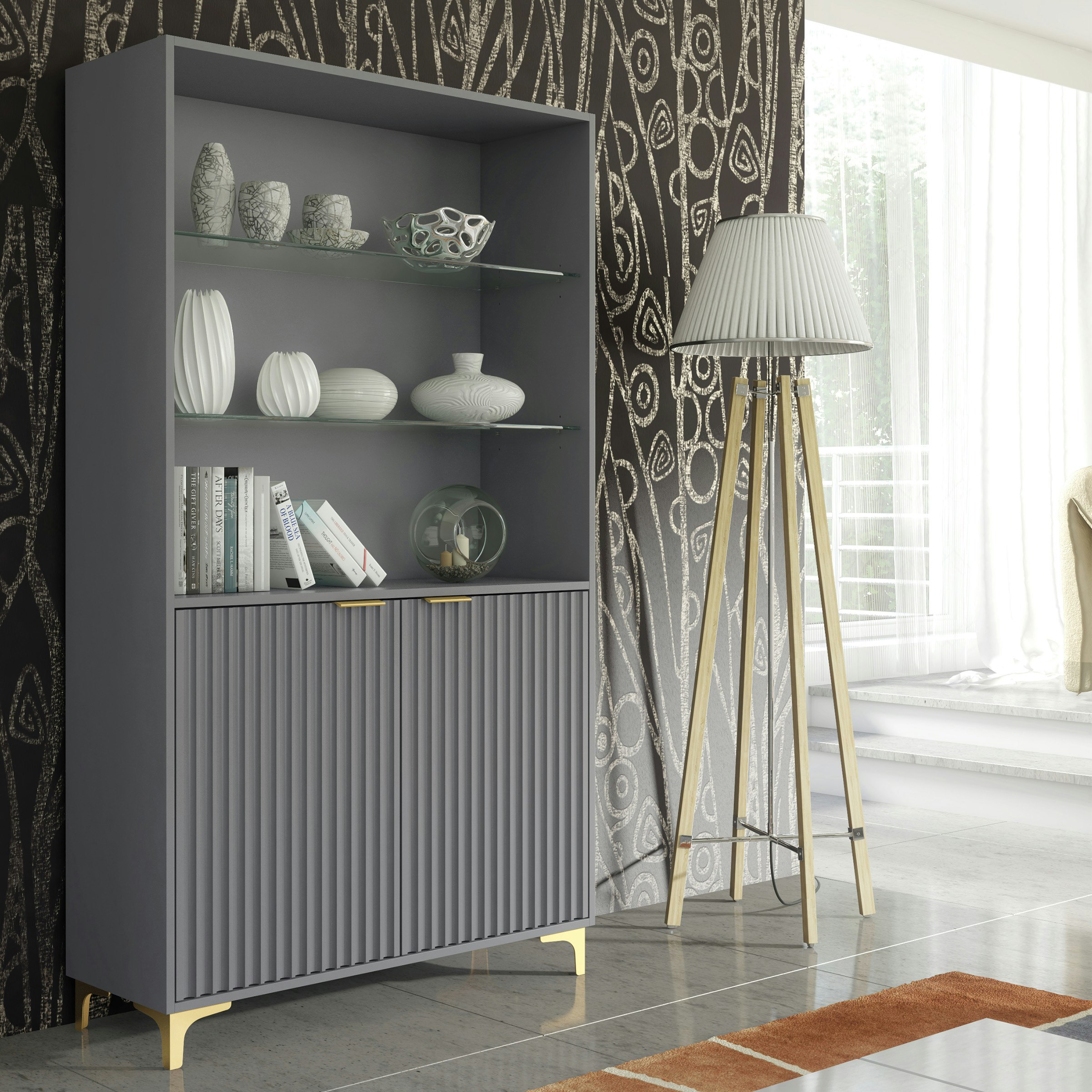 Rackhams Grey/Gold Tall Display Cabinet 170Cm – Fluted Doors & Legs - Matt Body & Matt Doors - 170 - Full Assembly Required.